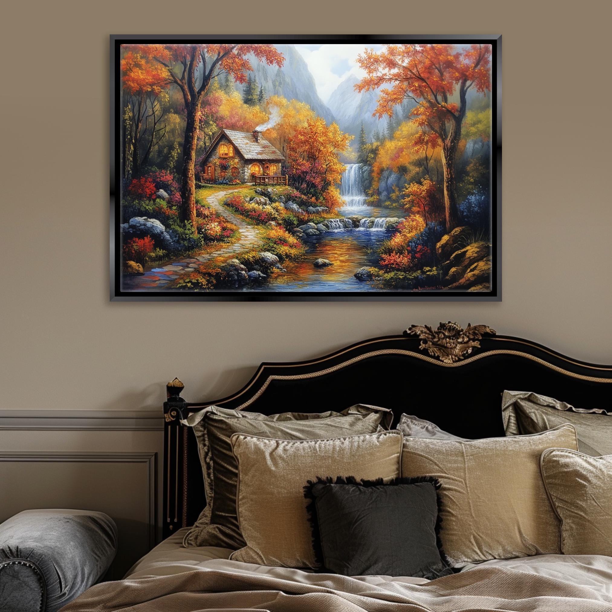 Autumn Landscape Canvas - Extra Large Framed Fall Wall Art, Cozy Rustic Decor