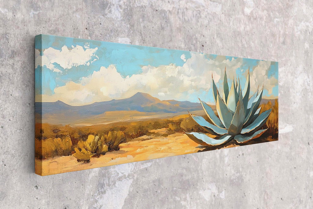 a painting of a desert scene with a cactus in the foreground