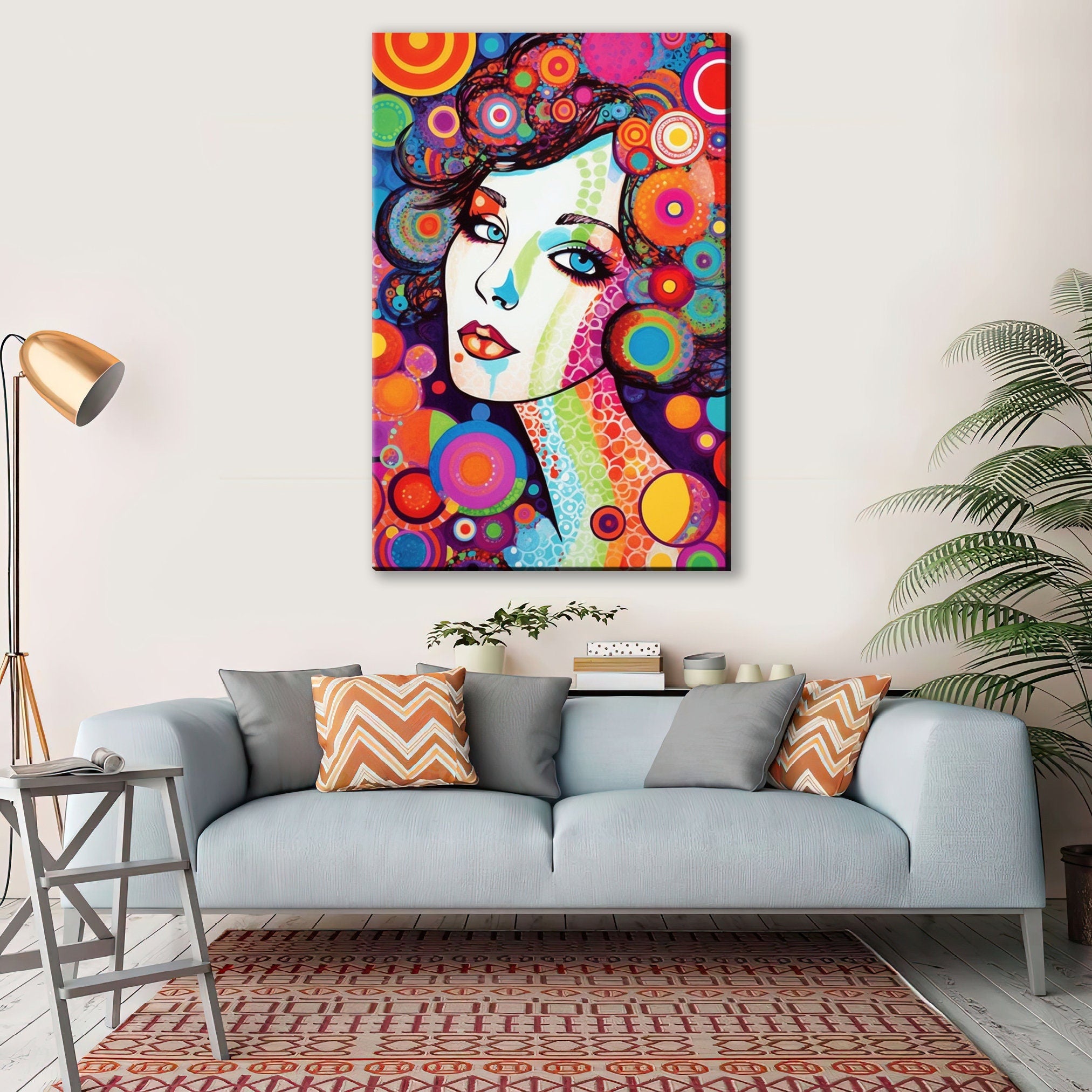 Retro Glam Canvas Art - Large Feminine Beauty Painting | Expressive Woman Face Pop Art