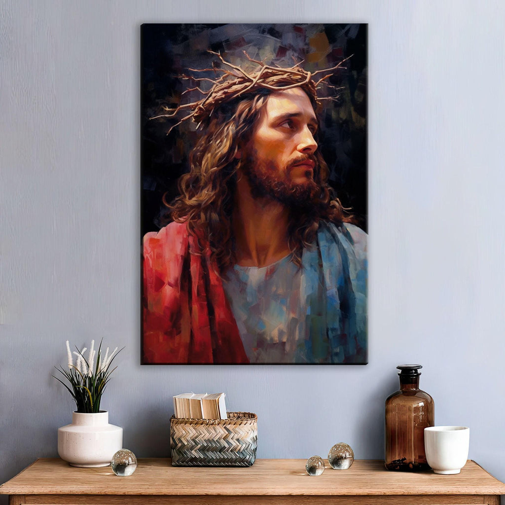 Jesus Christ Canvas Art – Large Canvas Painting with Crown of Thorns and Wood Frame