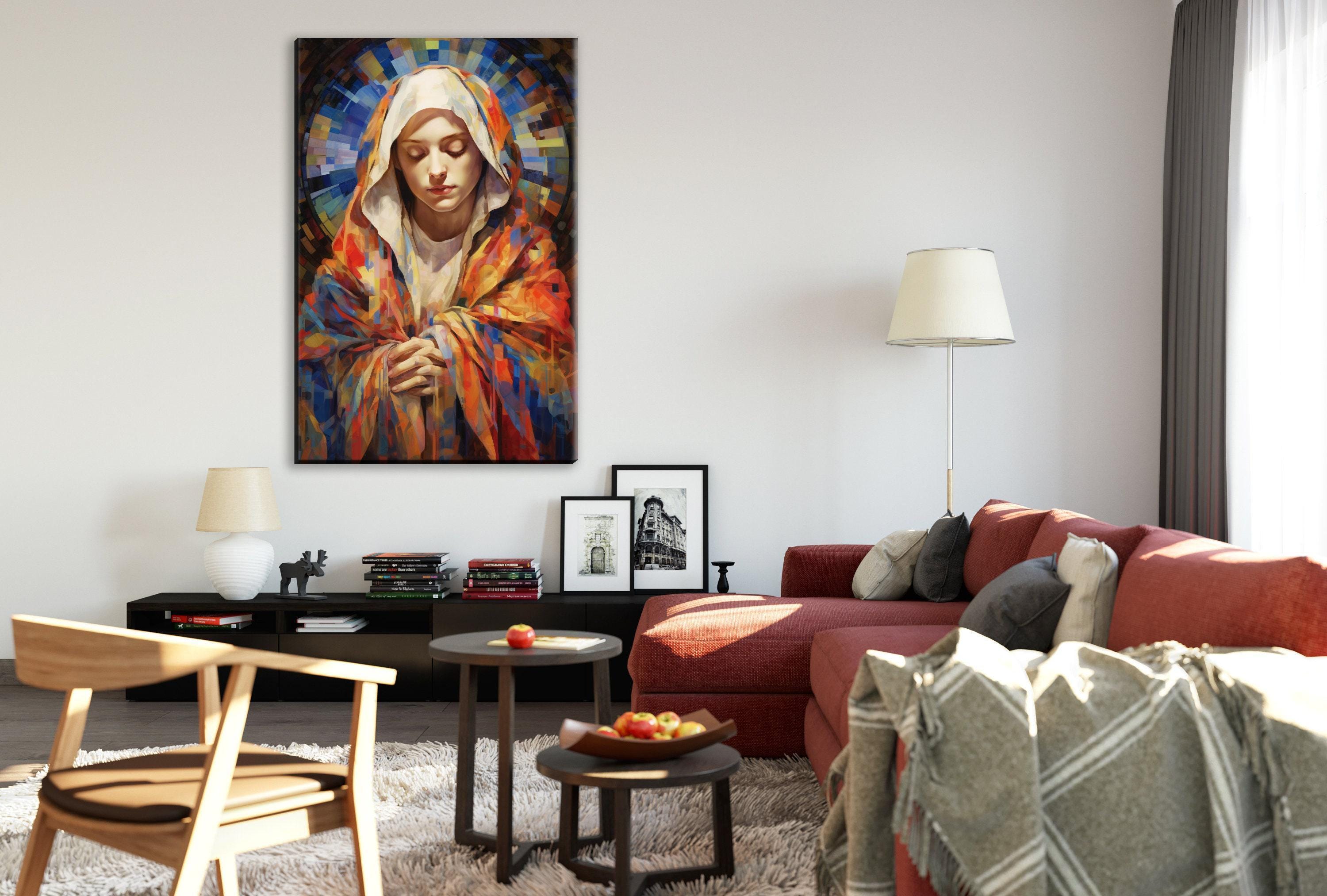 Virgin Mary Canvas Art – Large Gallery Wrapped Canvas with Soft Hues & Wood Frame