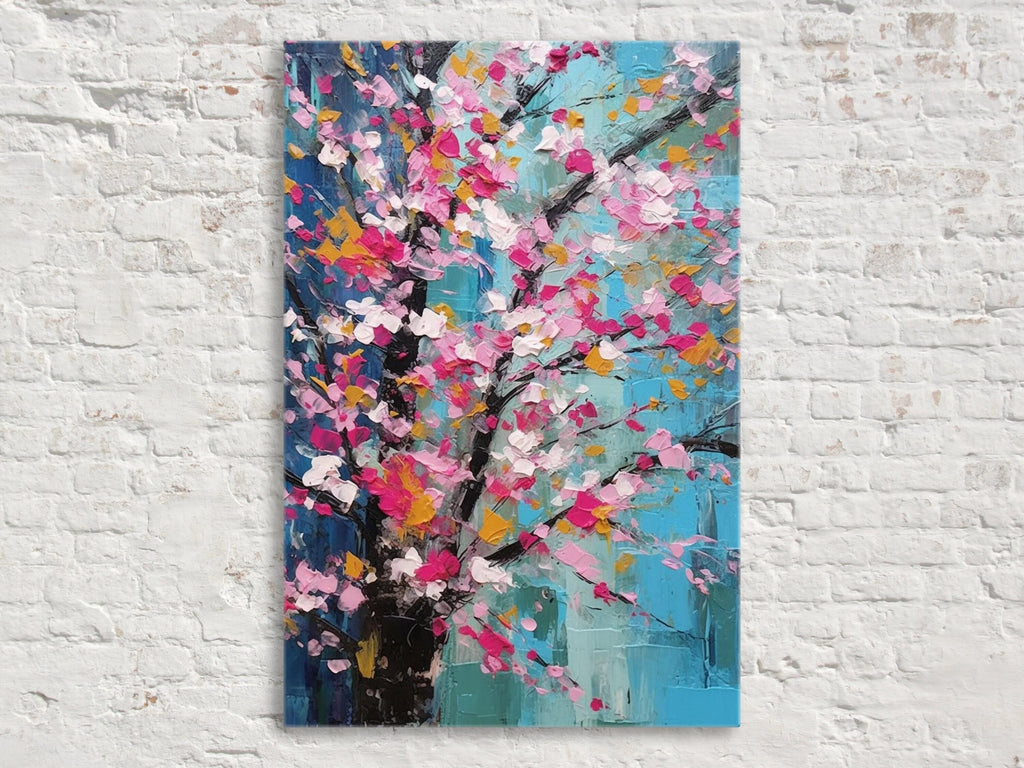Cherry Blossom Canvas – Large Canvas Art | Abstract Floral Wall Decor in Pink & Blue