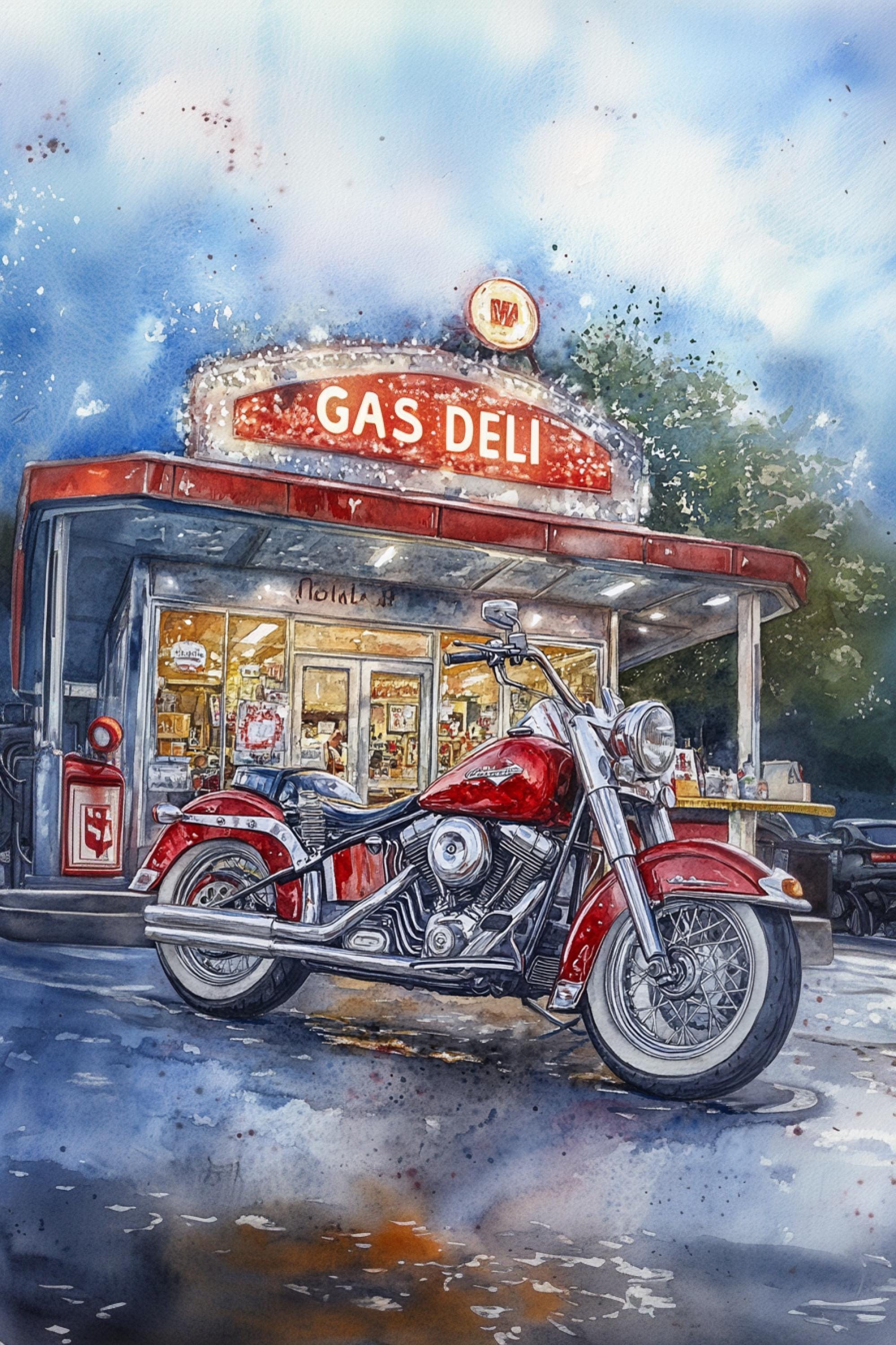 A red motorcycle is parked in front of a gas deli, with a neon sign above the storefront.