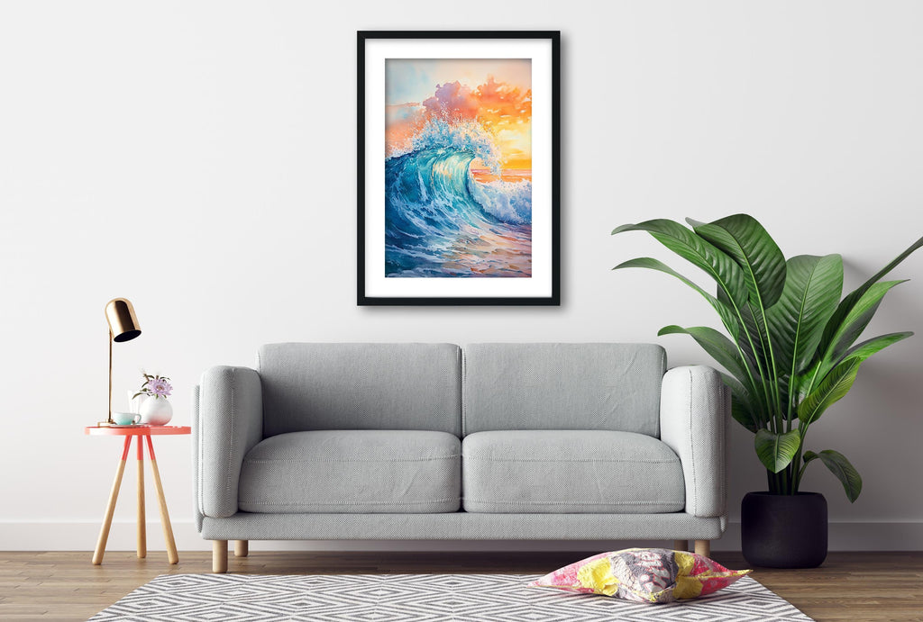 a gray sofa, a framed painting of a crashing wave, a small table with a lamp, and a potted plant, all arranged in a cozy living room setting.