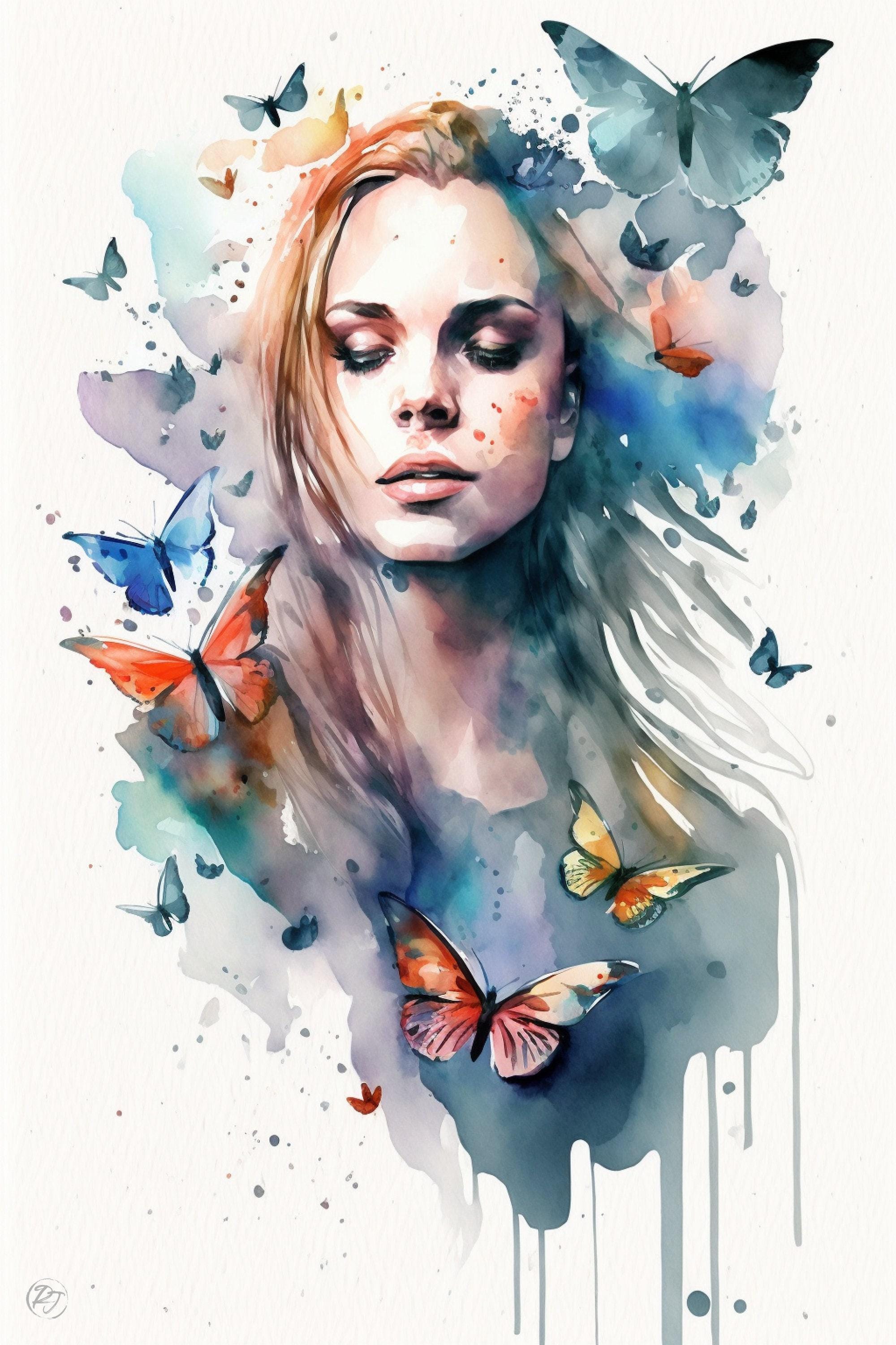 Dreamlike Elegance: Woman with Butterflies Watercolor Painting, Giclee Canvas, Artist and Watercolor Paper, Available in Extra Large Sizes