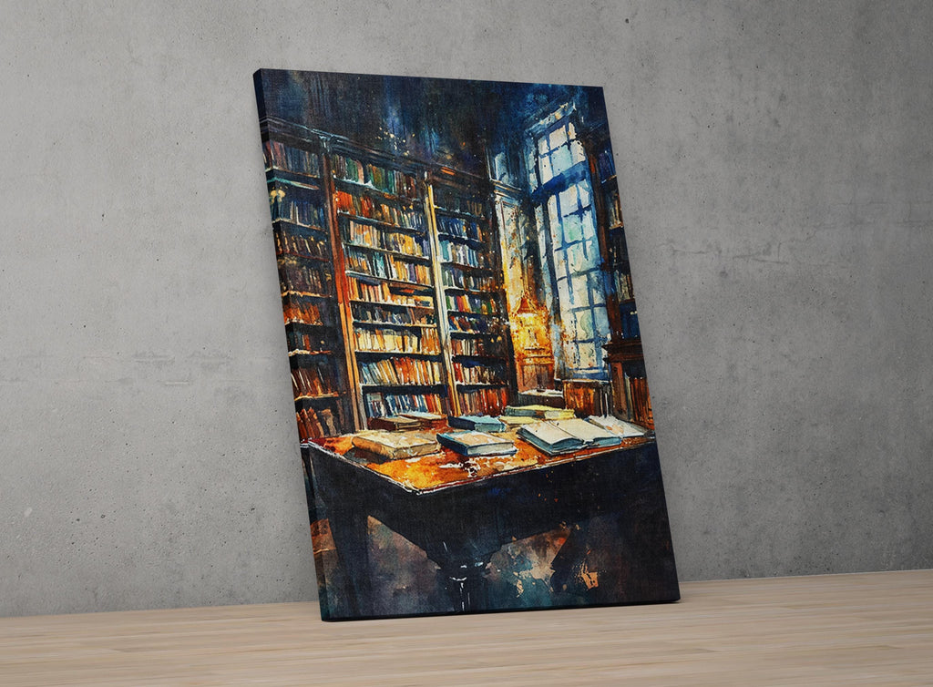 a cozy and inviting library scene, with a large bookshelf filled with books and a table in the center of the room. The room has a warm and inviting atmosphere, with natural light streaming in through a window.