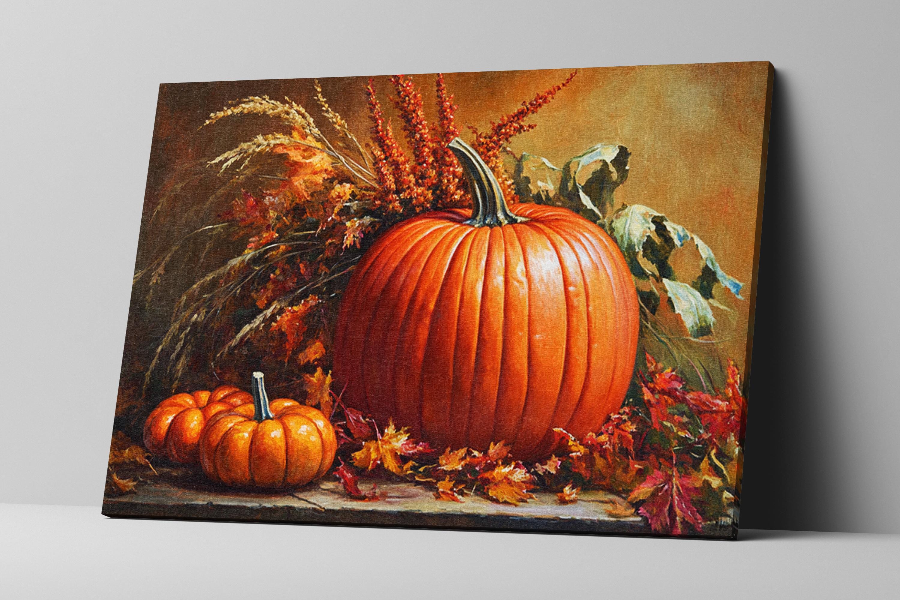 a still life painting featuring a large orange pumpkin surrounded by smaller pumpkins, autumn leaves, and a sprig of flowers.