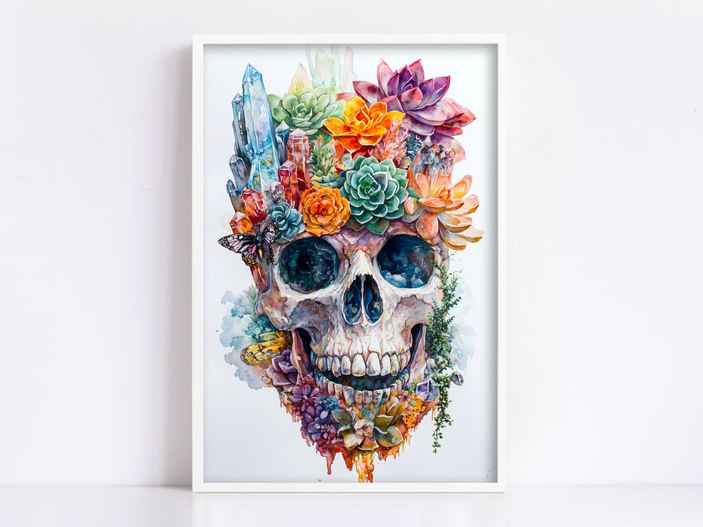 A framed artwork depicting a colorful, abstract skull surrounded by various flowers and plants.