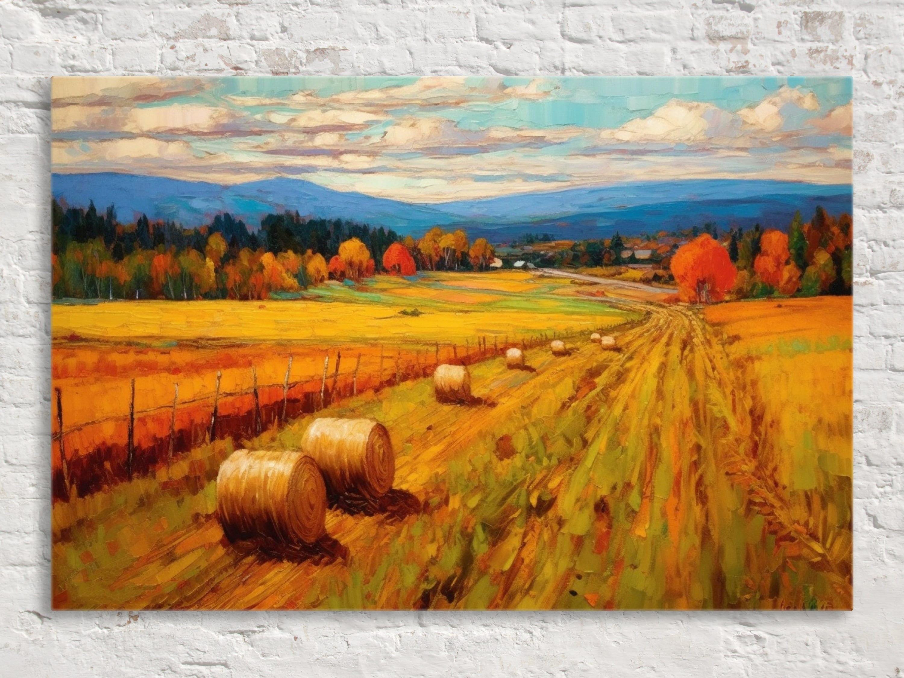 Rural Canvas Wall Art – Large Canvas Art with Hay Bale Painting, Rustic Home Decor