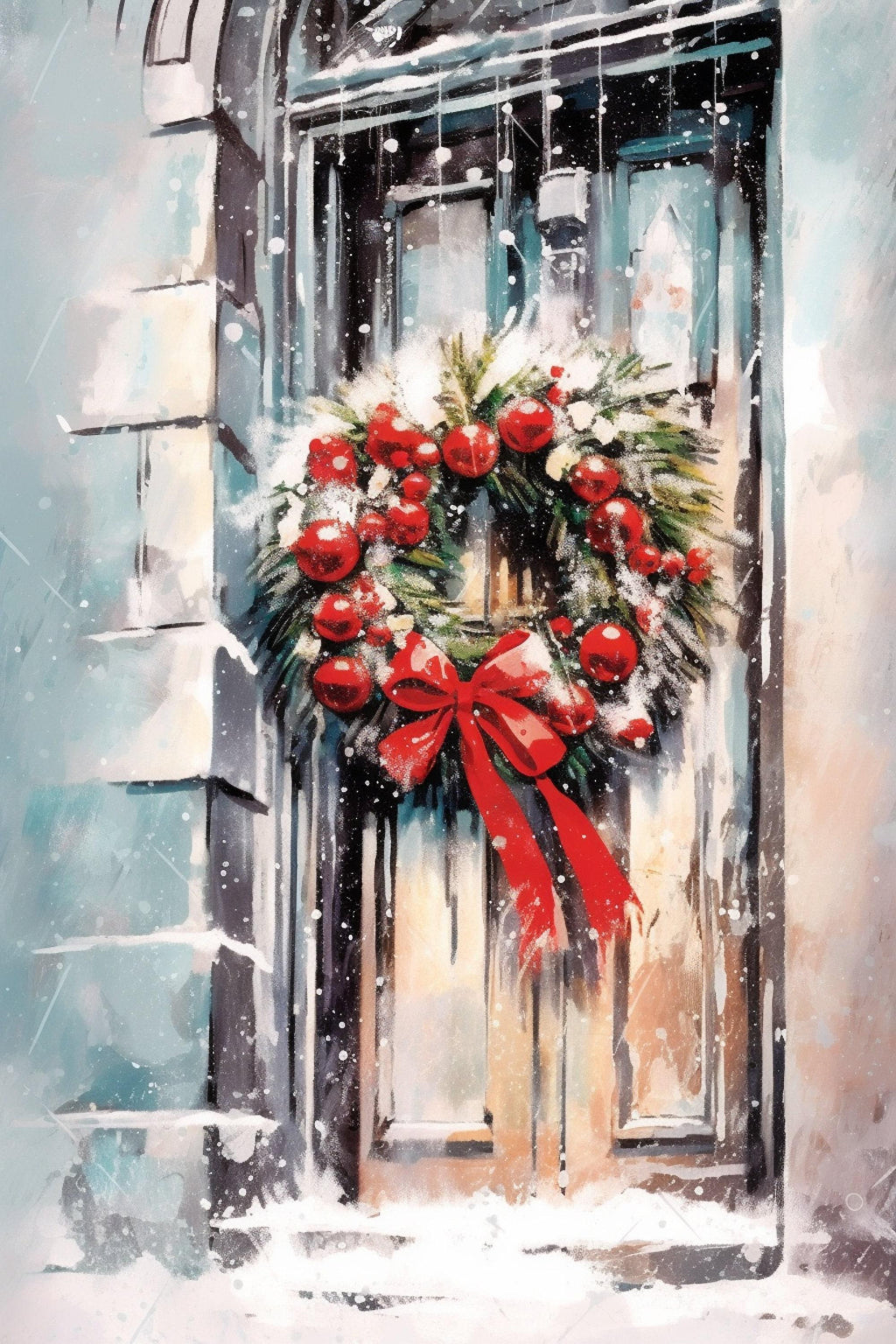 Festive Christmas Wreath Watercolor - Holiday Wall Art, Print on Canvas, Artist Paper, Watercolor Paper, Available in Extra Large Sizes