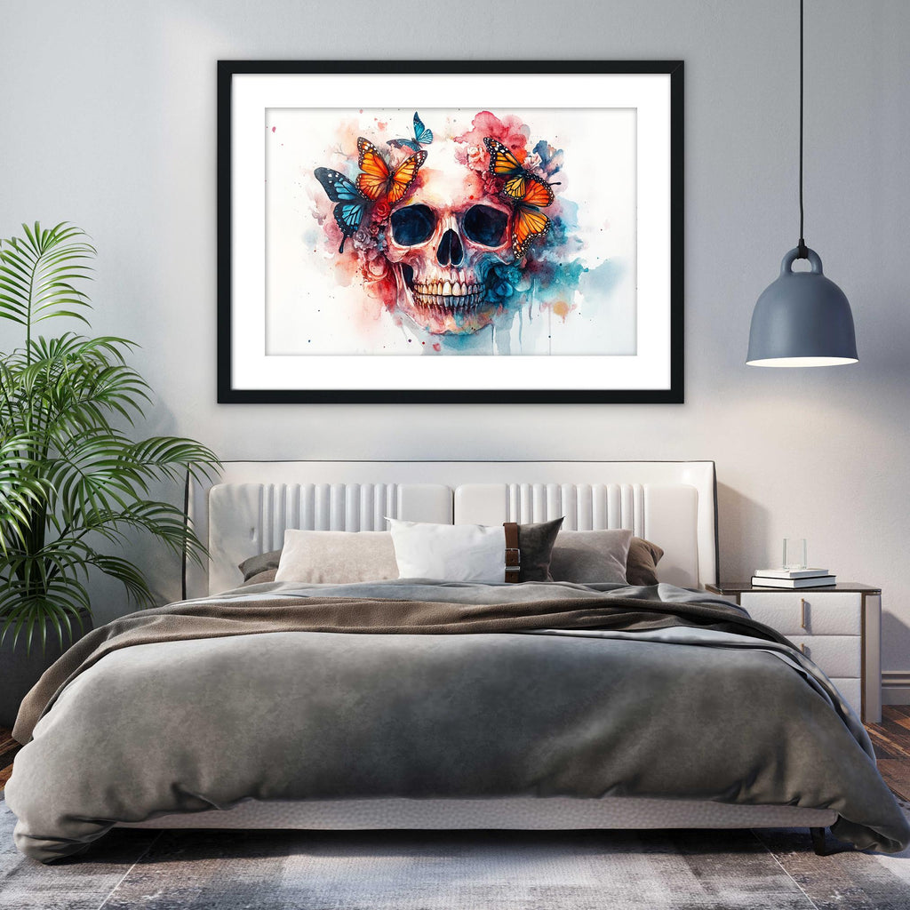 a bedroom with a large bed, a framed artwork of a colorful skull with butterflies hanging above it, and a potted plant to the left.