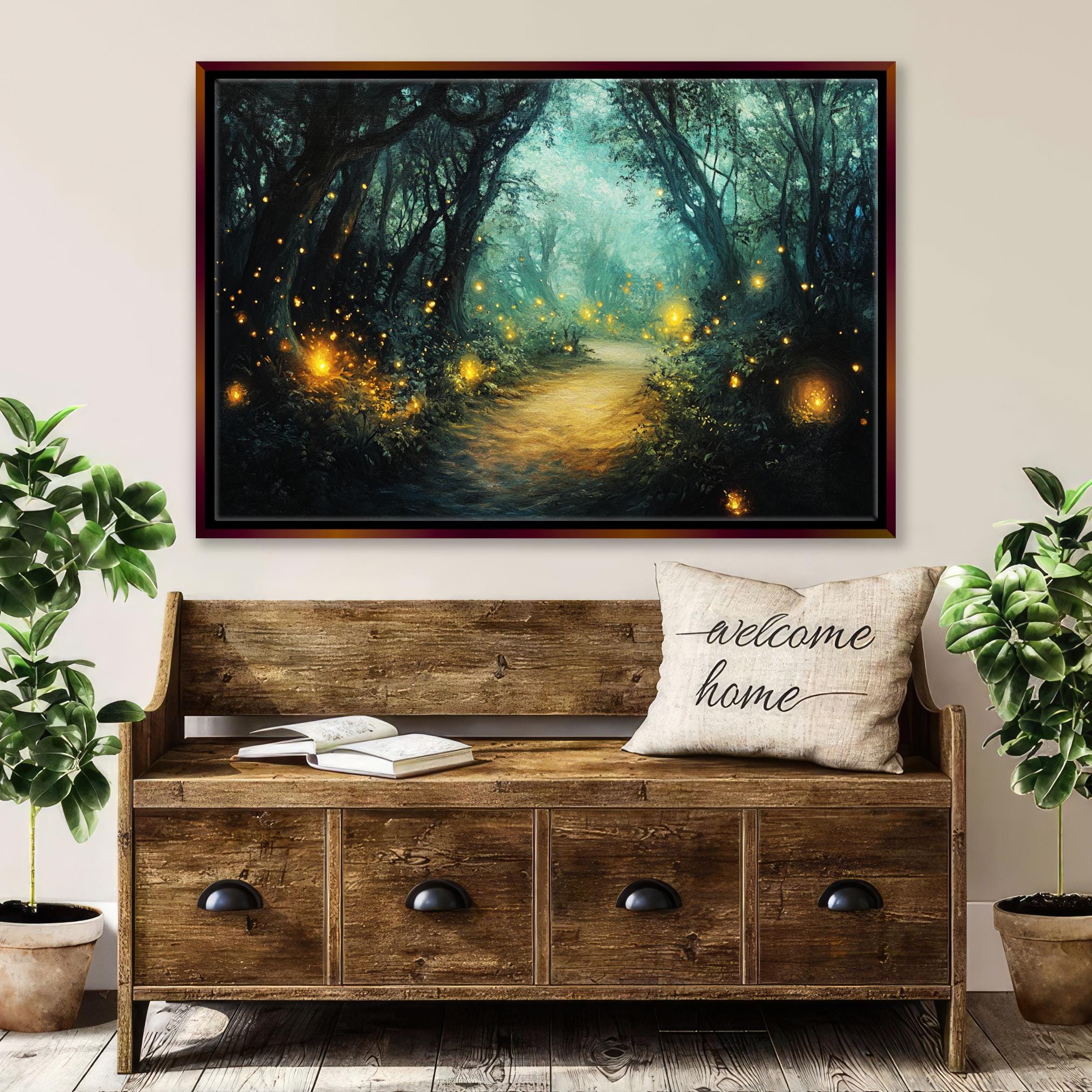 a wooden bench with a painting on the wall above it