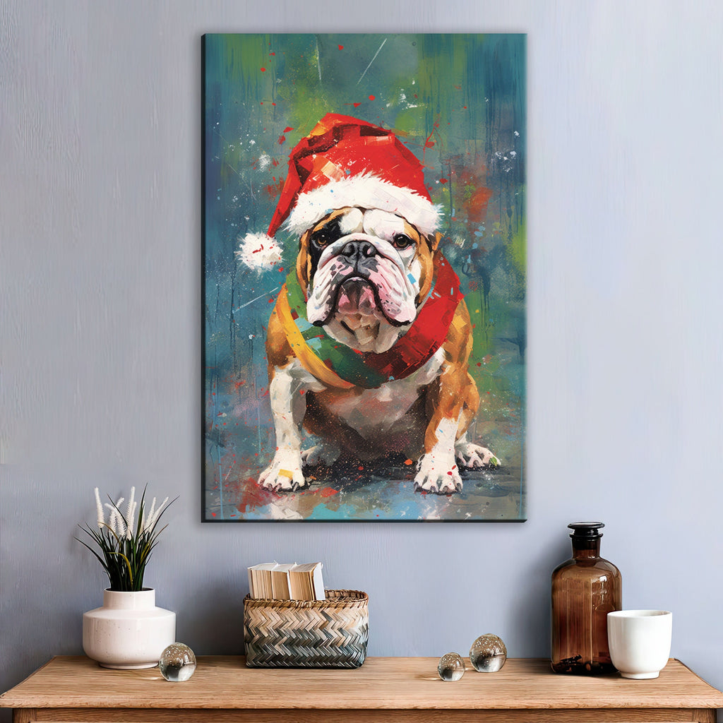English Bulldog Christmas Art – Festive Dog Painting on Gallery Wrapped Canvas, Large Holiday Canvas