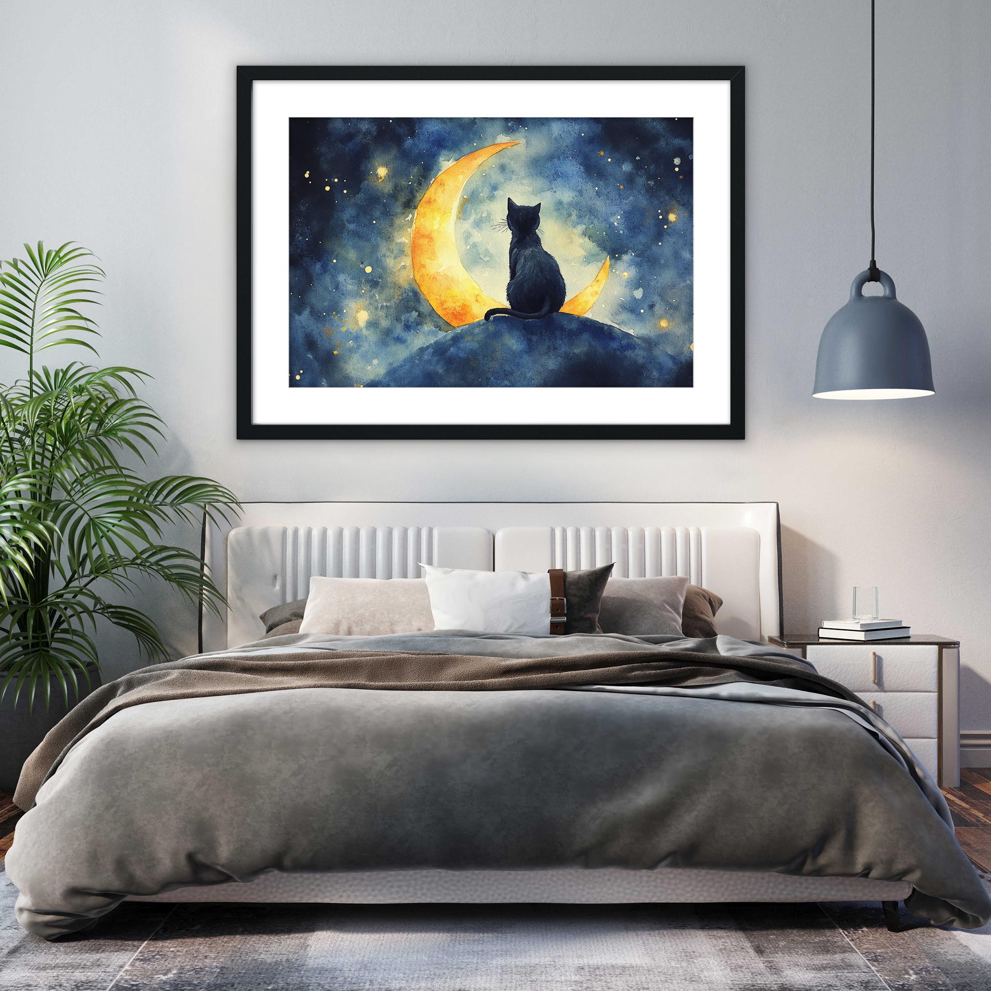 a bedroom with a large bed, a framed painting of a cat sitting on a crescent moon, and a potted plant.