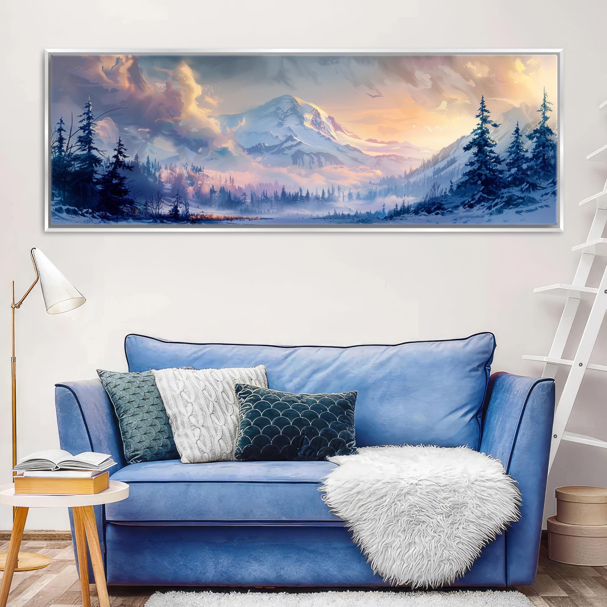 a living room with a blue couch and a painting on the wall