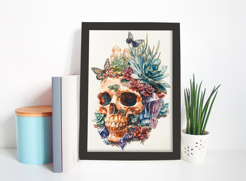 a framed artwork depicting a skull surrounded by a vibrant array of colorful flowers and plants, creating a striking and visually captivating scene.