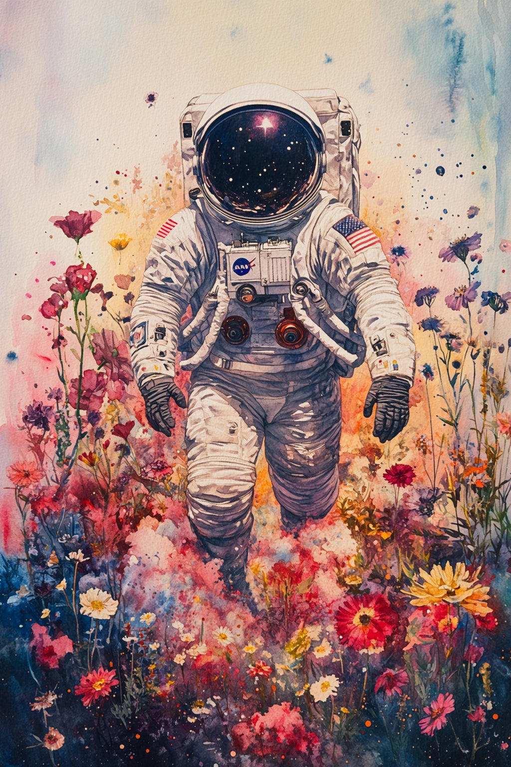 An astronaut in a white spacesuit stands amidst a vibrant field of colorful flowers, with a starry sky visible through the visor of the helmet.
