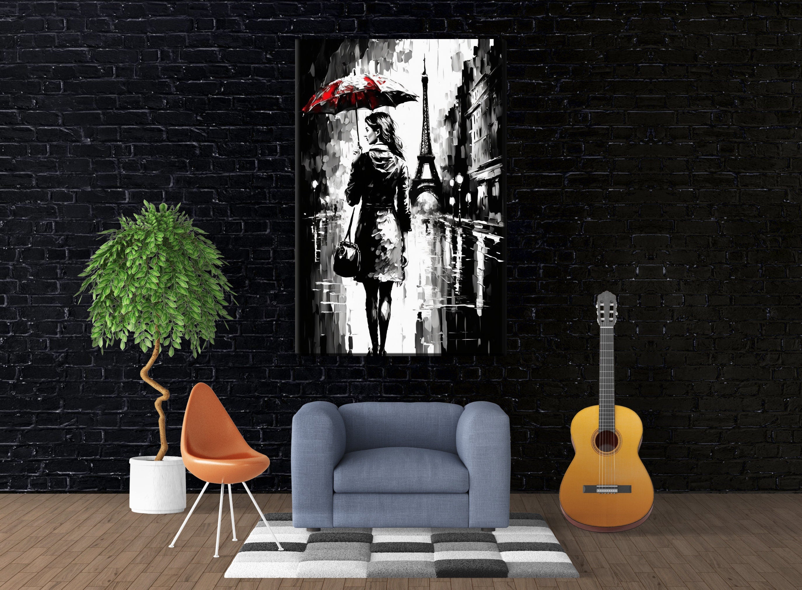 Parisian Cityscape Canvas – Monochrome Wall Art With Red Umbrella, Vintage Paris Print