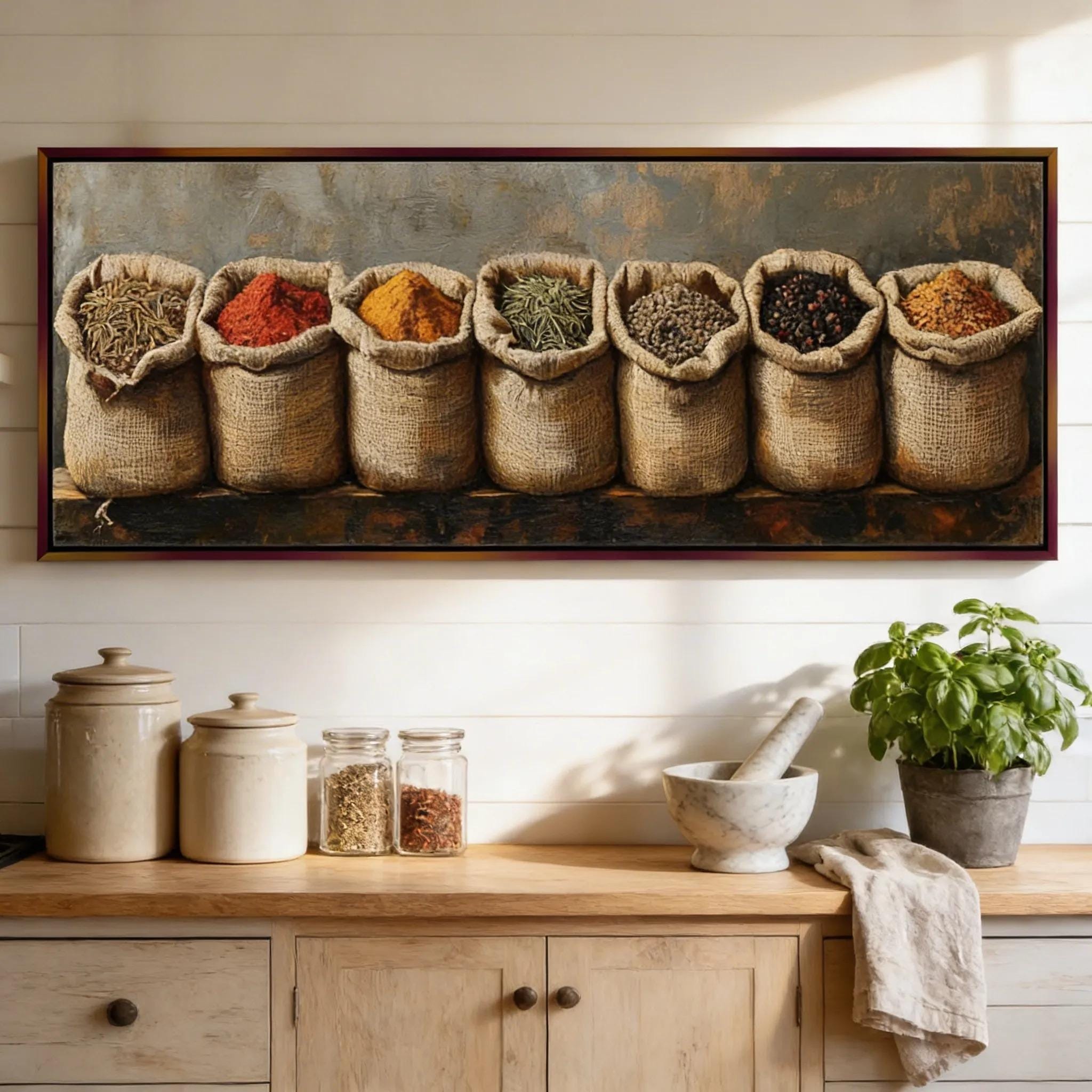 a wooden counter with various kitchen items, including jars, a bowl, and a potted plant, as well as a large painting of spices hanging above it.