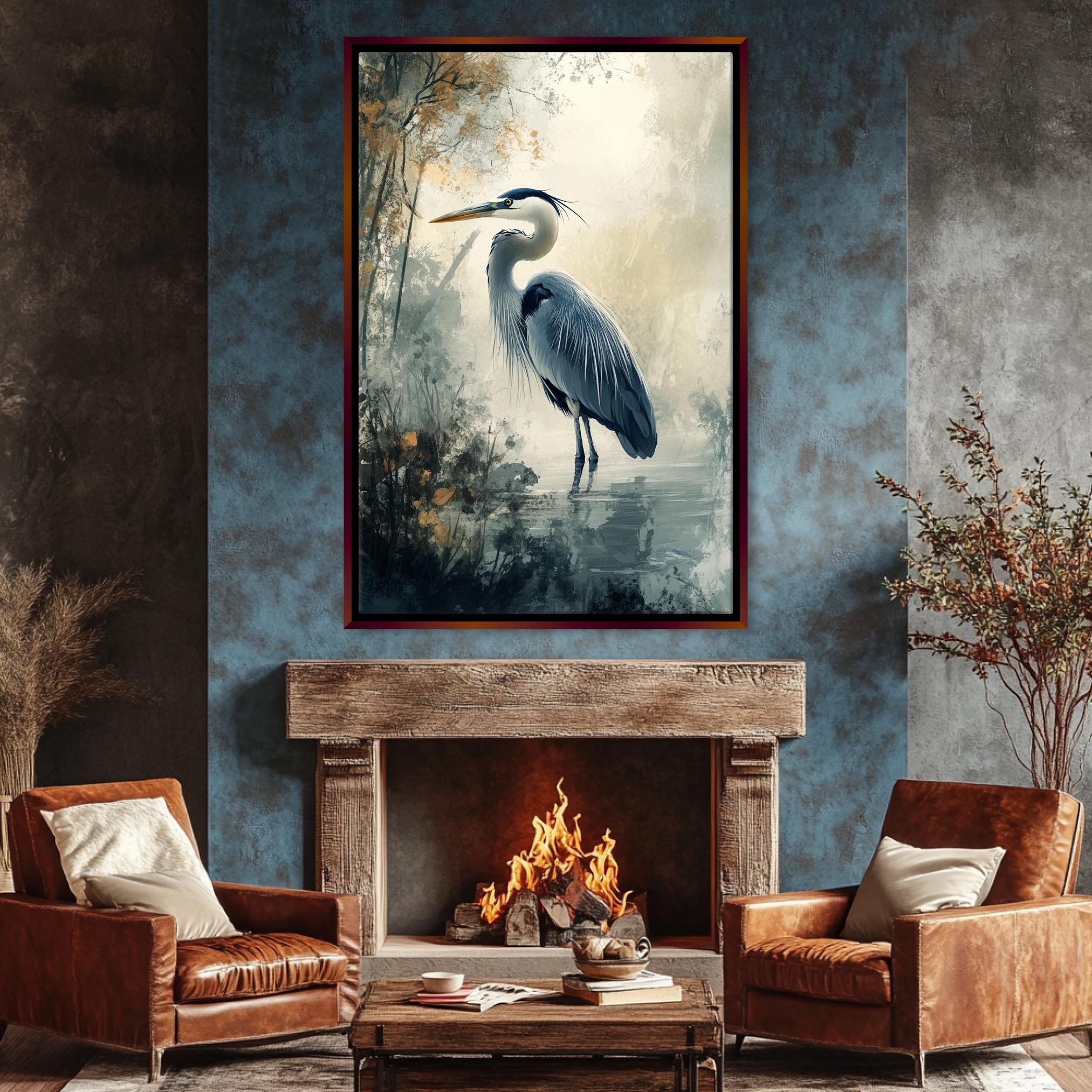 a living room with a fireplace and a painting on the wall
