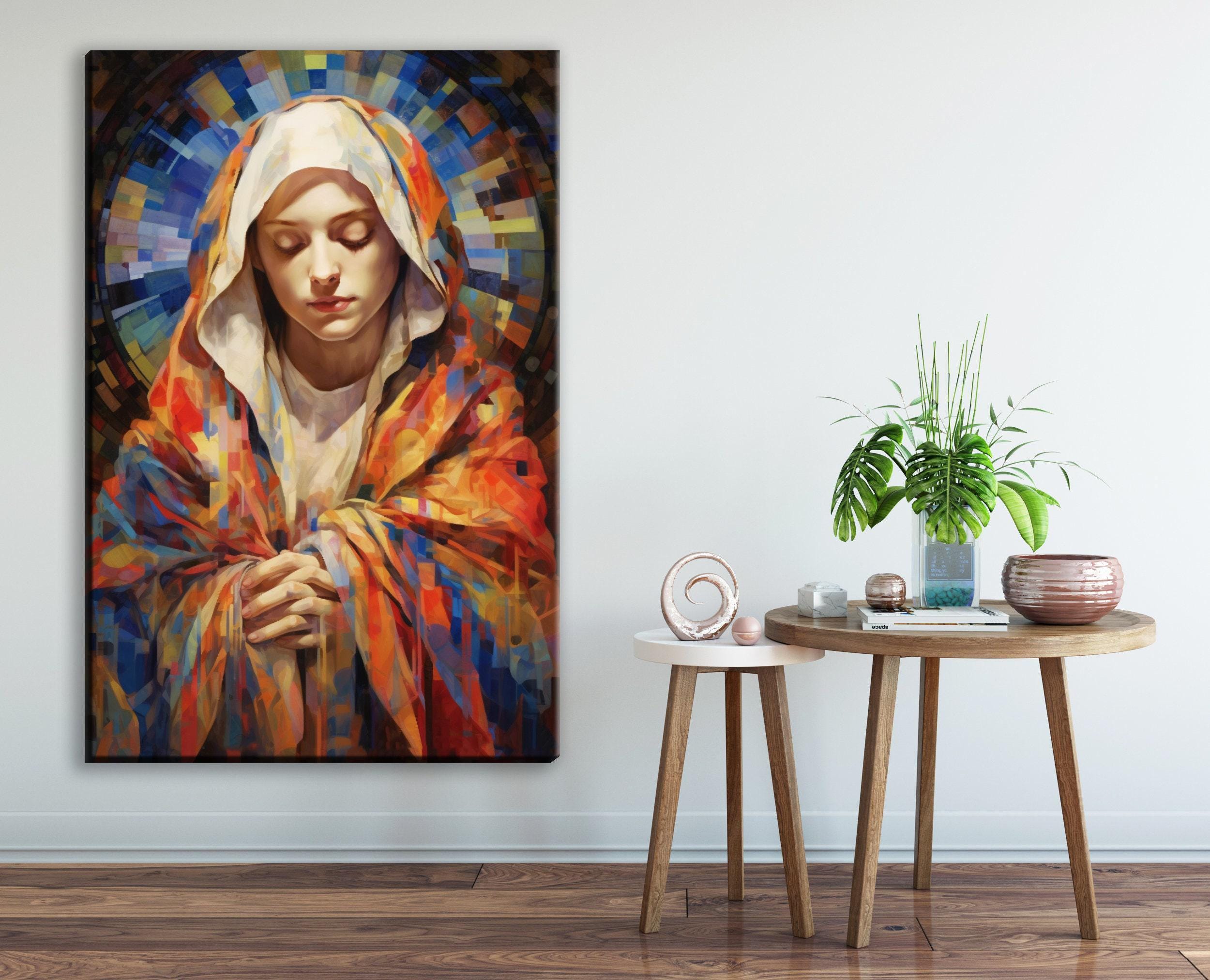 Virgin Mary Canvas Art – Large Gallery Wrapped Canvas with Soft Hues & Wood Frame