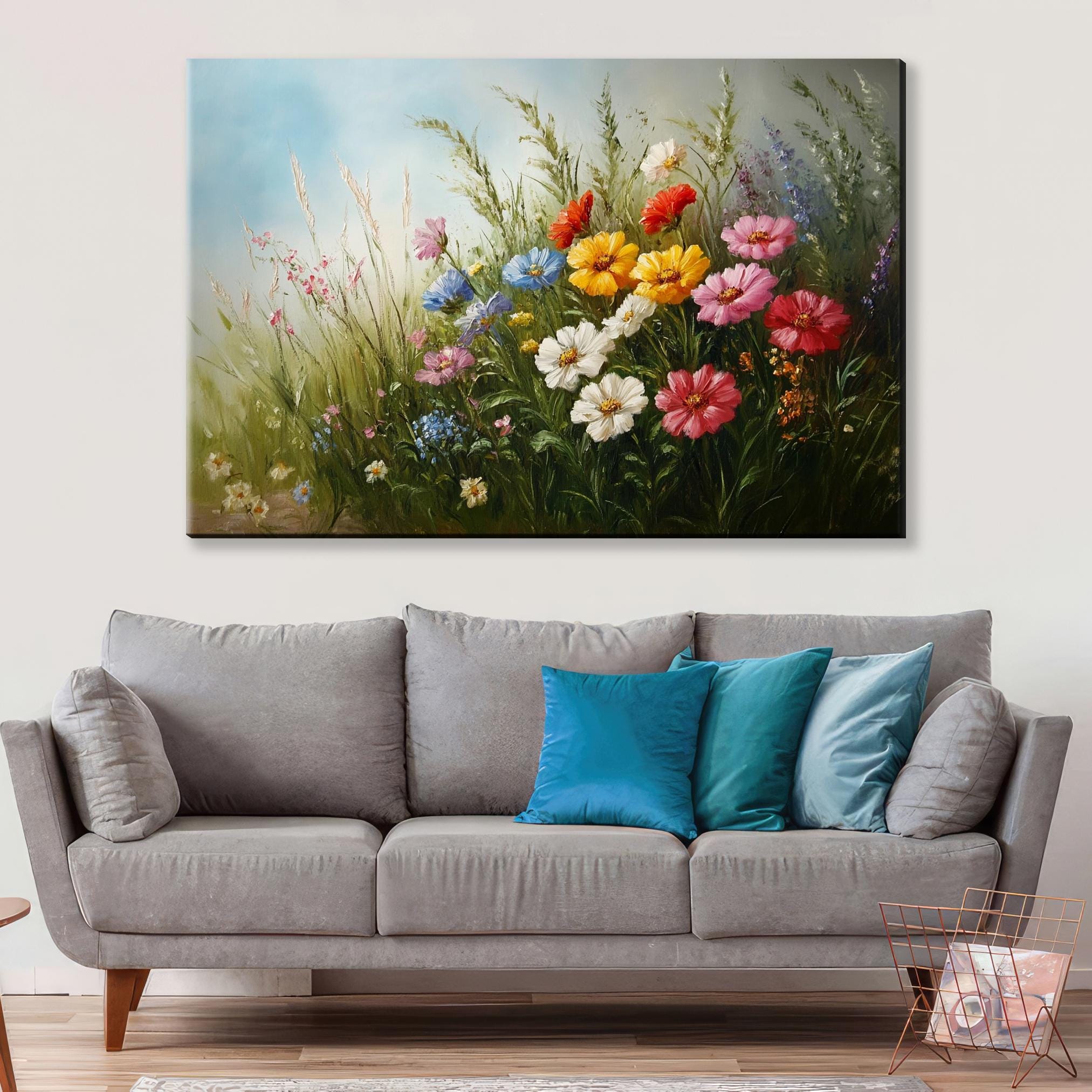 a living room with a couch and a painting on the wall