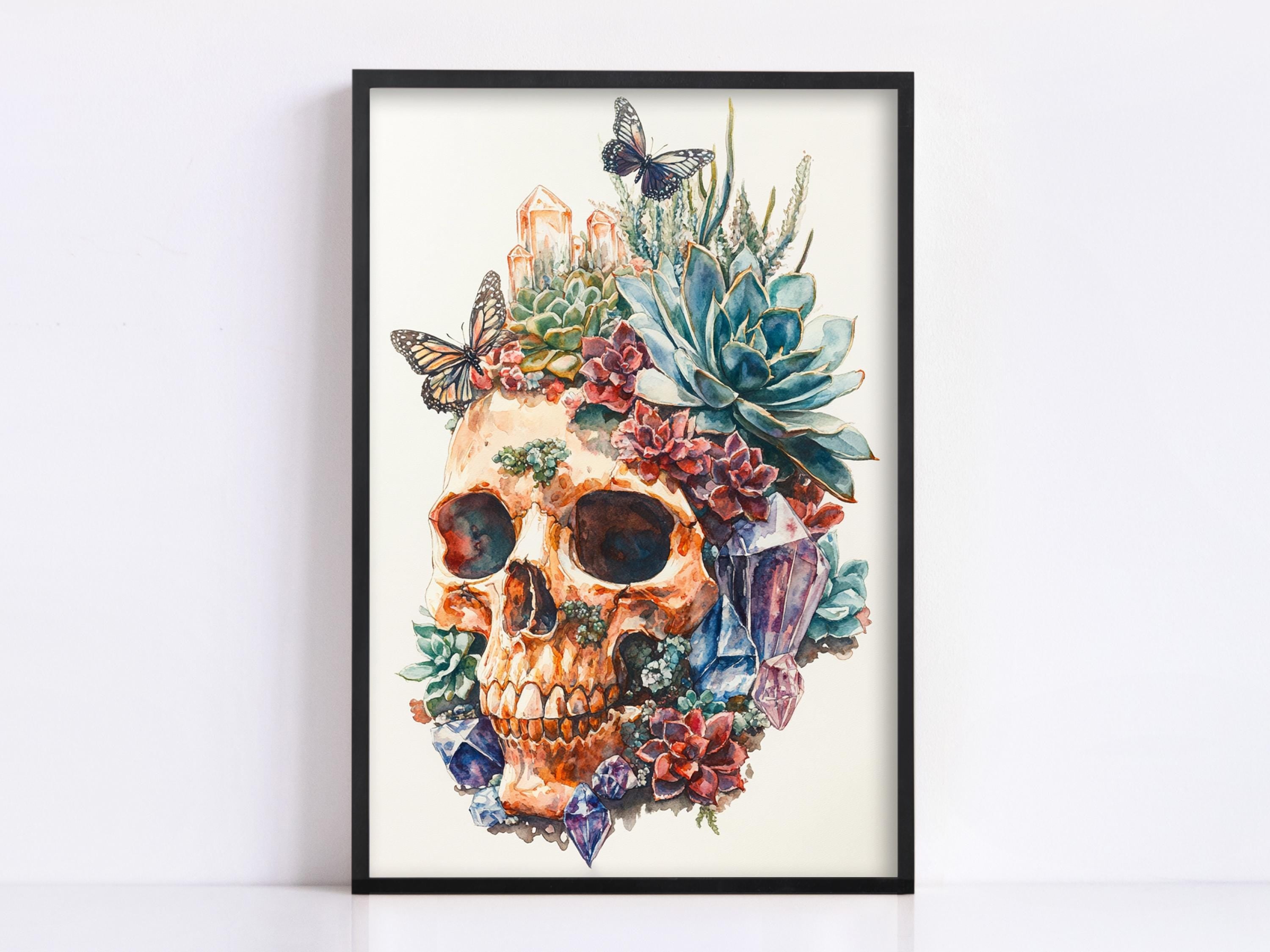 The image is a framed artwork depicting a skull surrounded by a variety of colorful flowers and plants, creating a vibrant and visually striking composition.
