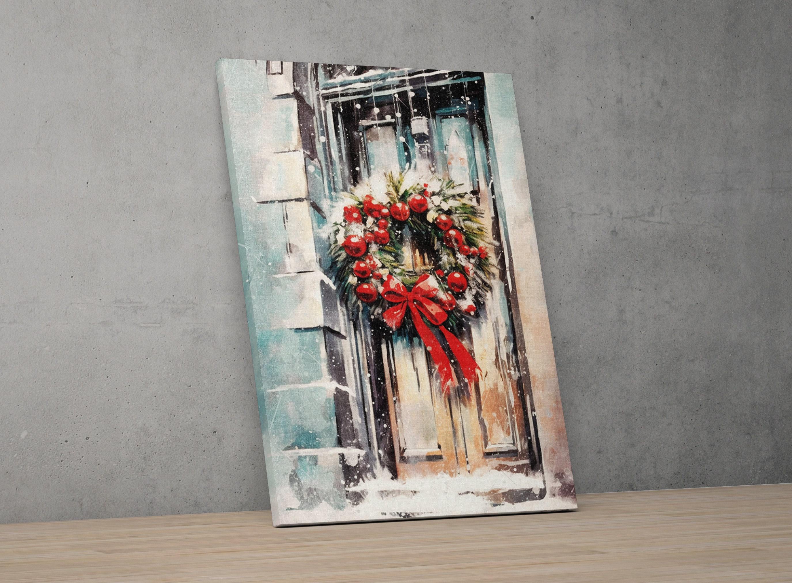 Festive Christmas Wreath Watercolor - Holiday Wall Art, Print on Canvas, Artist Paper, Watercolor Paper, Available in Extra Large Sizes