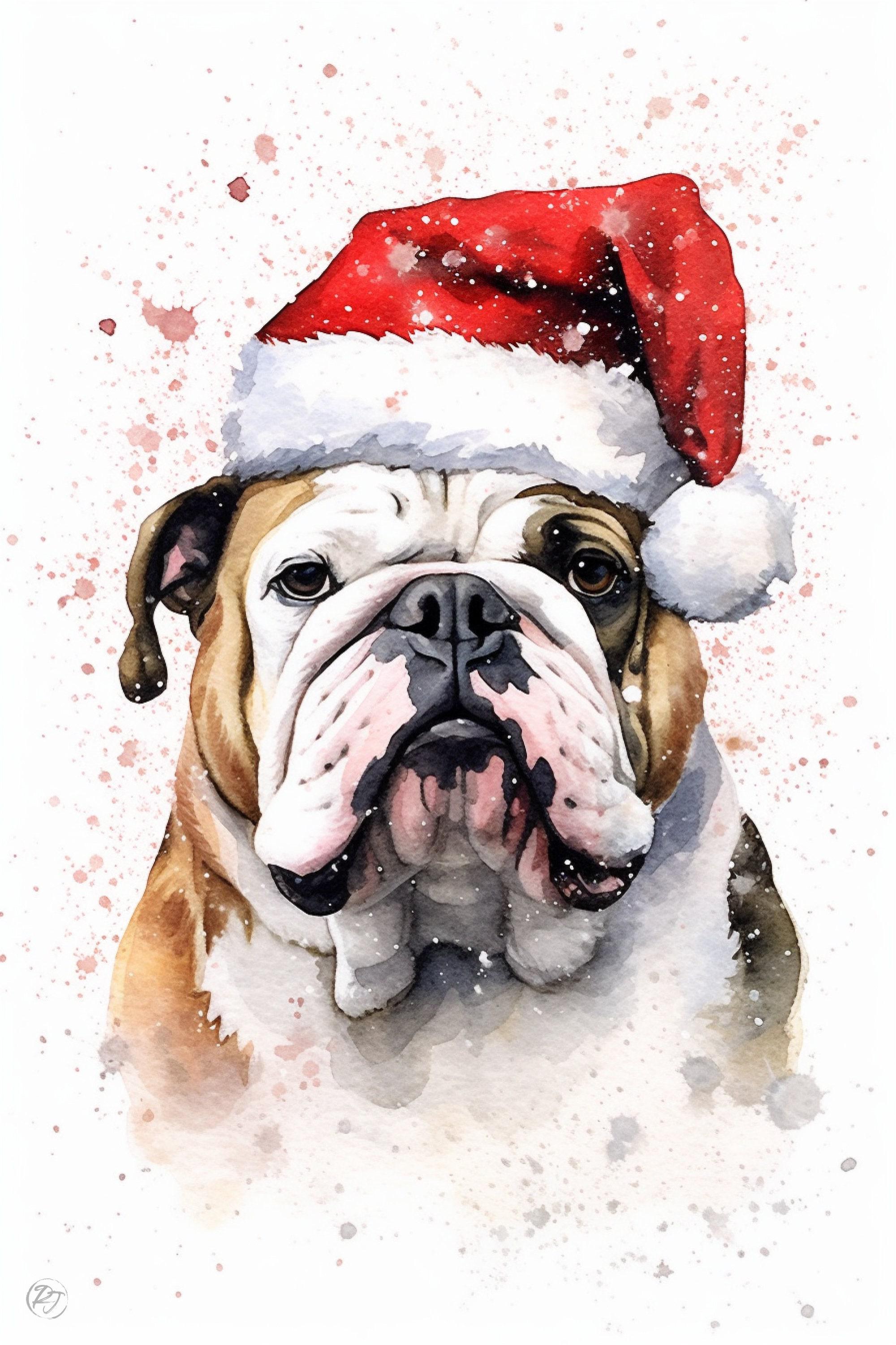 Christmas Bulldog - English Bulldog with Santa Hat, Giclee Print on Canvas, Artist Paper, Watercolor Paper, Available in Extra Large Sizes