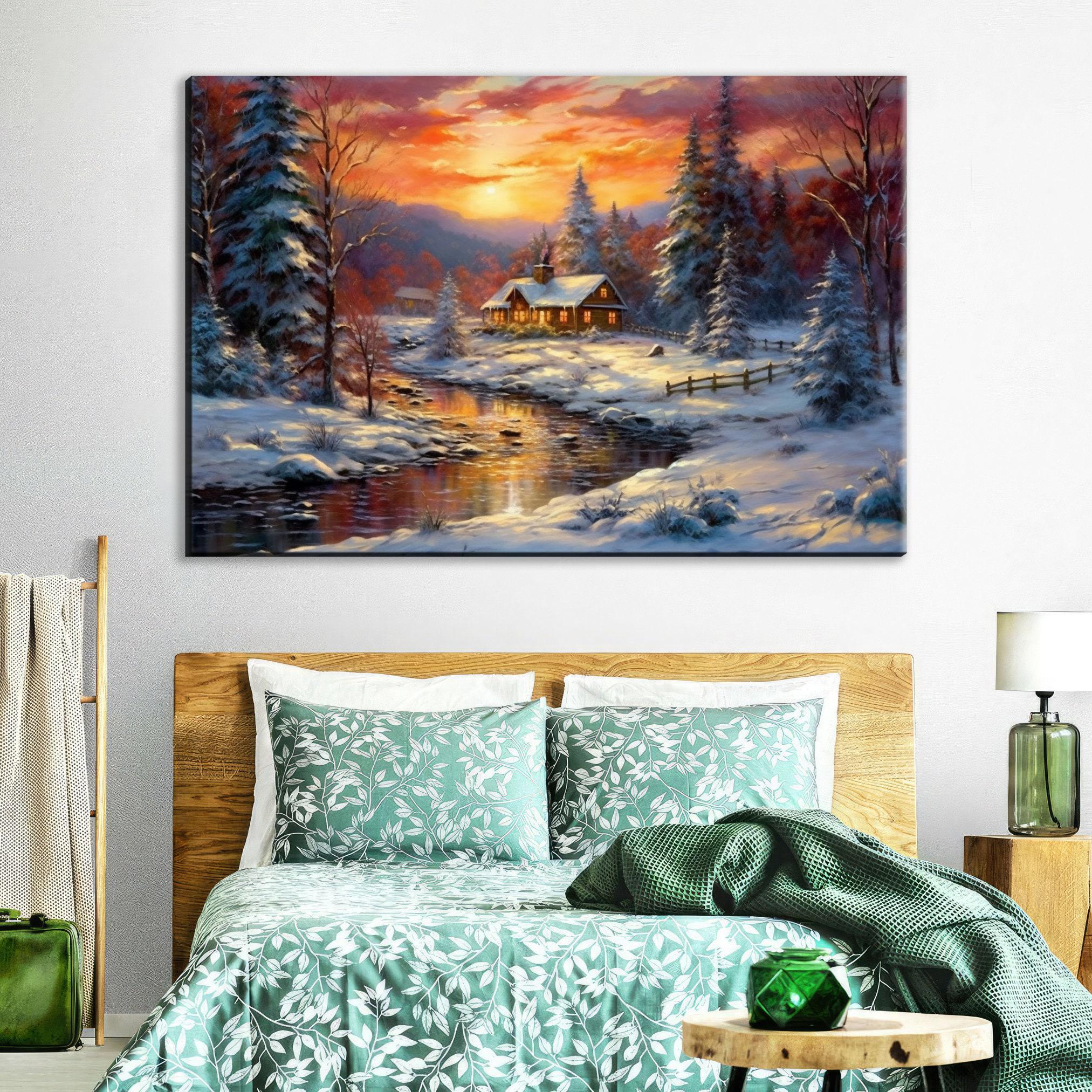 Winter Cabin Canvas | Vintage Oil Painting Rustic Winter Landscape Art - Gallery Wrapped