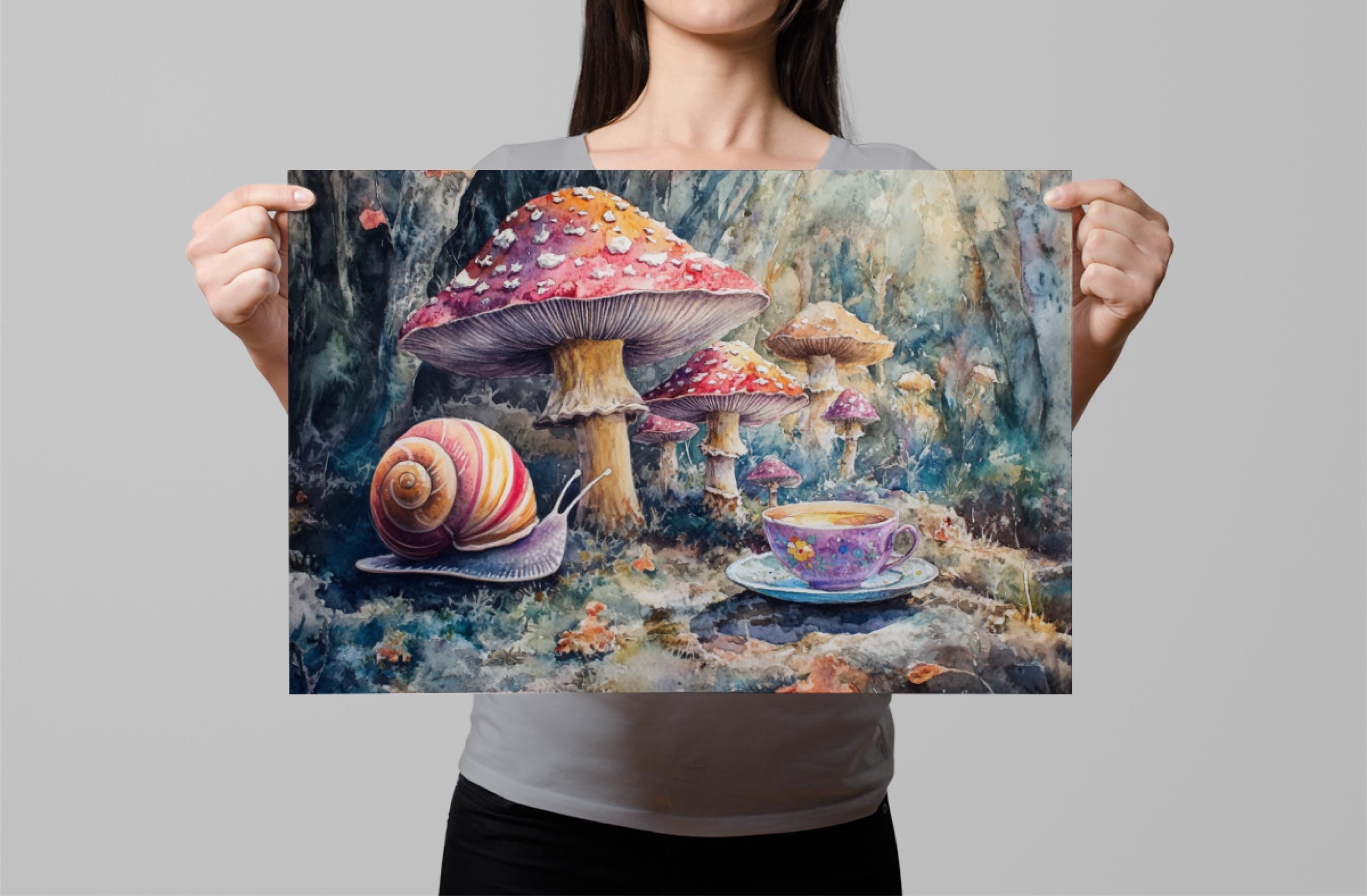 A woman holds up a framed painting depicting a whimsical scene with a snail, a cup of tea, and mushrooms in a forest setting.