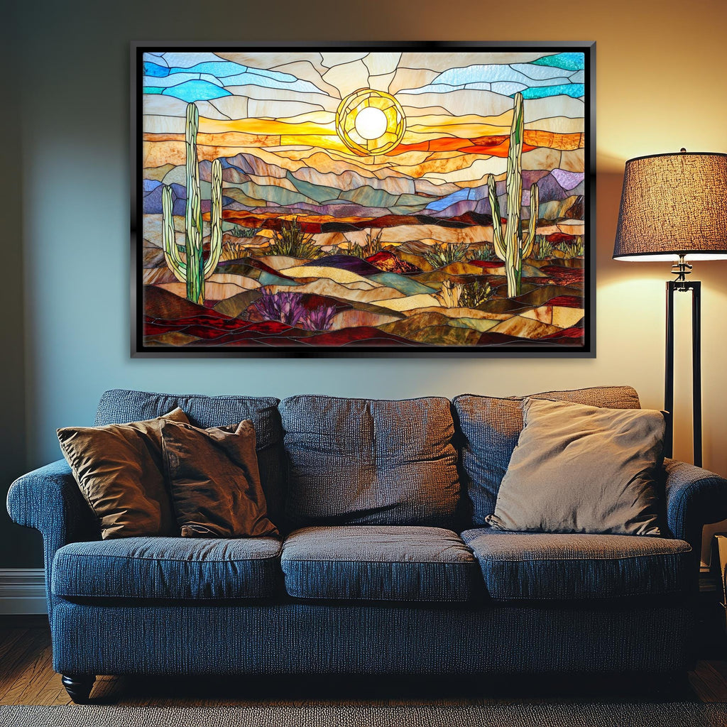 a living room with a couch and a painting on the wall