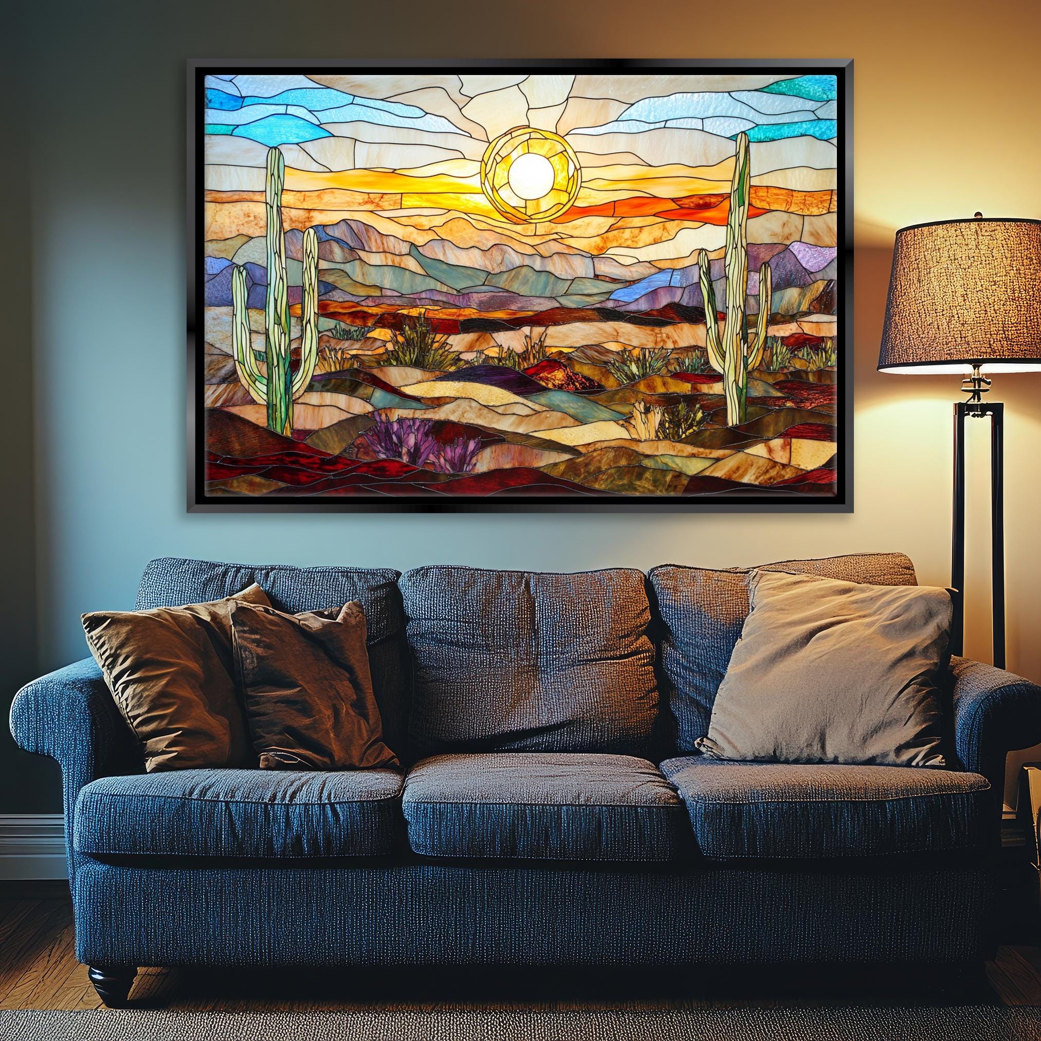 a living room with a couch and a painting on the wall