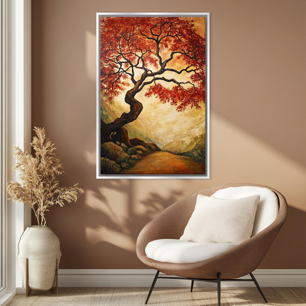 a living room with a chair and a painting on the wall