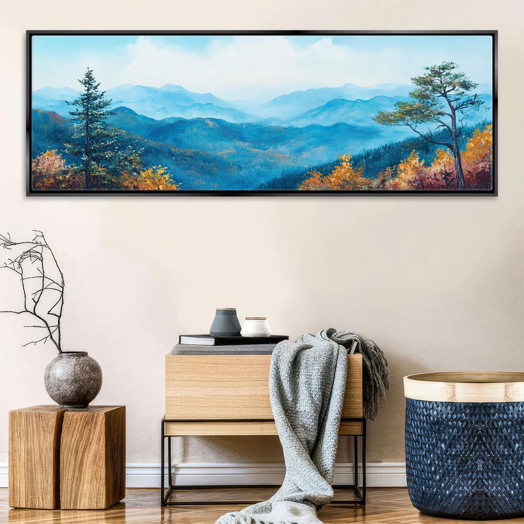 a painting on a wall of a mountain range