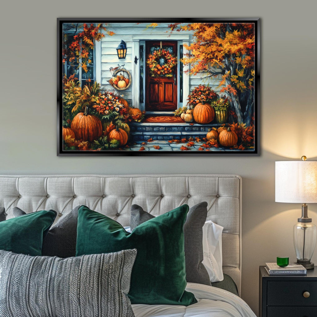 a cozy autumn scene with a white house, a wreath on the door, and a variety of pumpkins and fall foliage surrounding the entrance.