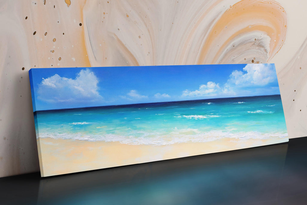 a painting of a blue ocean with white clouds