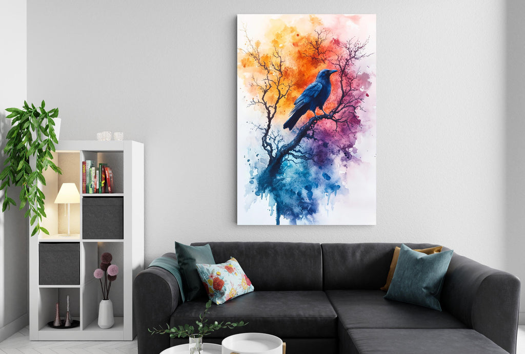 a living room with a black sectional sofa, a bookshelf, and a large abstract painting of a bird perched on a tree branch.