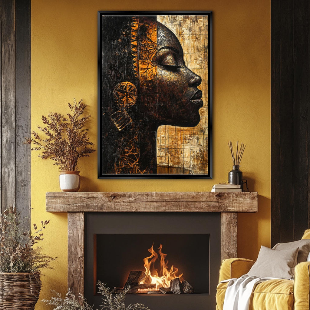 a living room with a fire place and a painting on the wall