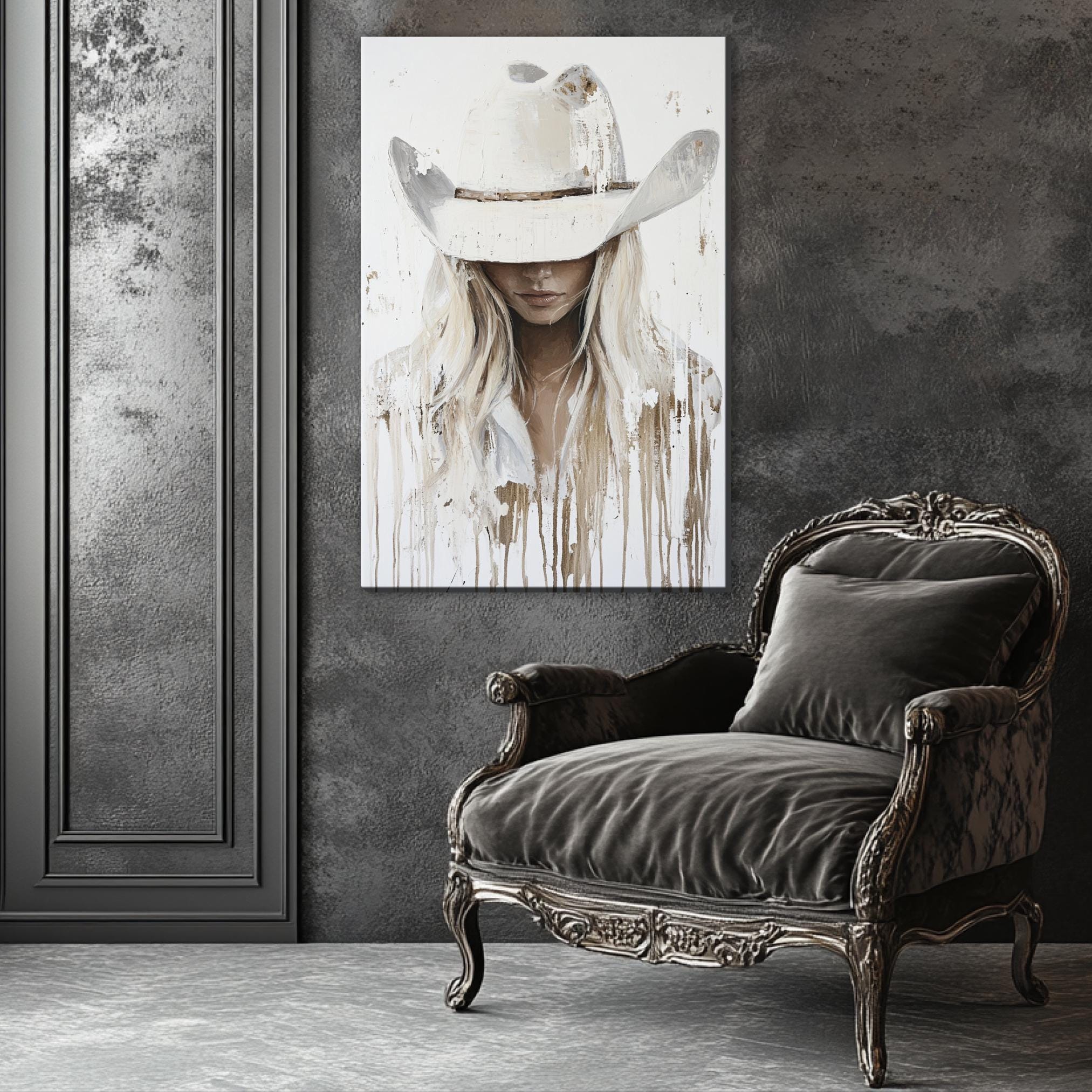 a chair in a room with a painting on the wall