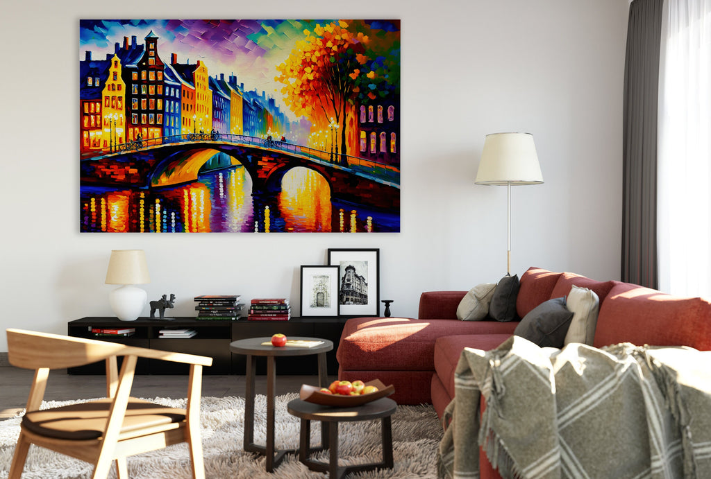 Amsterdam Canvas Art – Bridges of Amsterdam Vibrant Cityscape Painting on Gallery Ready Canvas