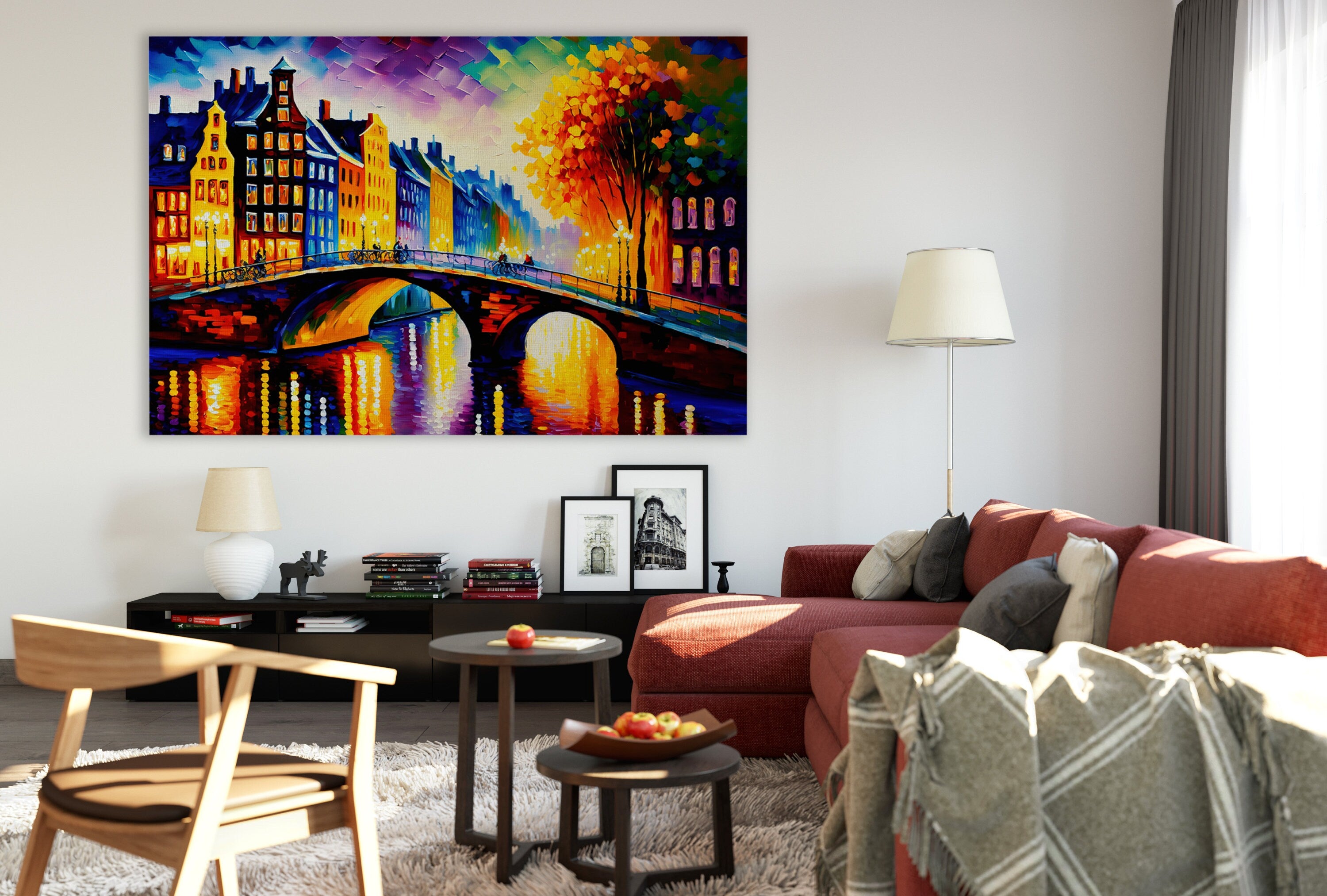 Amsterdam Canvas Art – Bridges of Amsterdam Vibrant Cityscape Painting on Gallery Ready Canvas