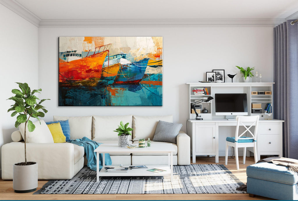 Nautical Canvas Art - Large Sailboat Canvas Print | Blue Orange Harbor Scene