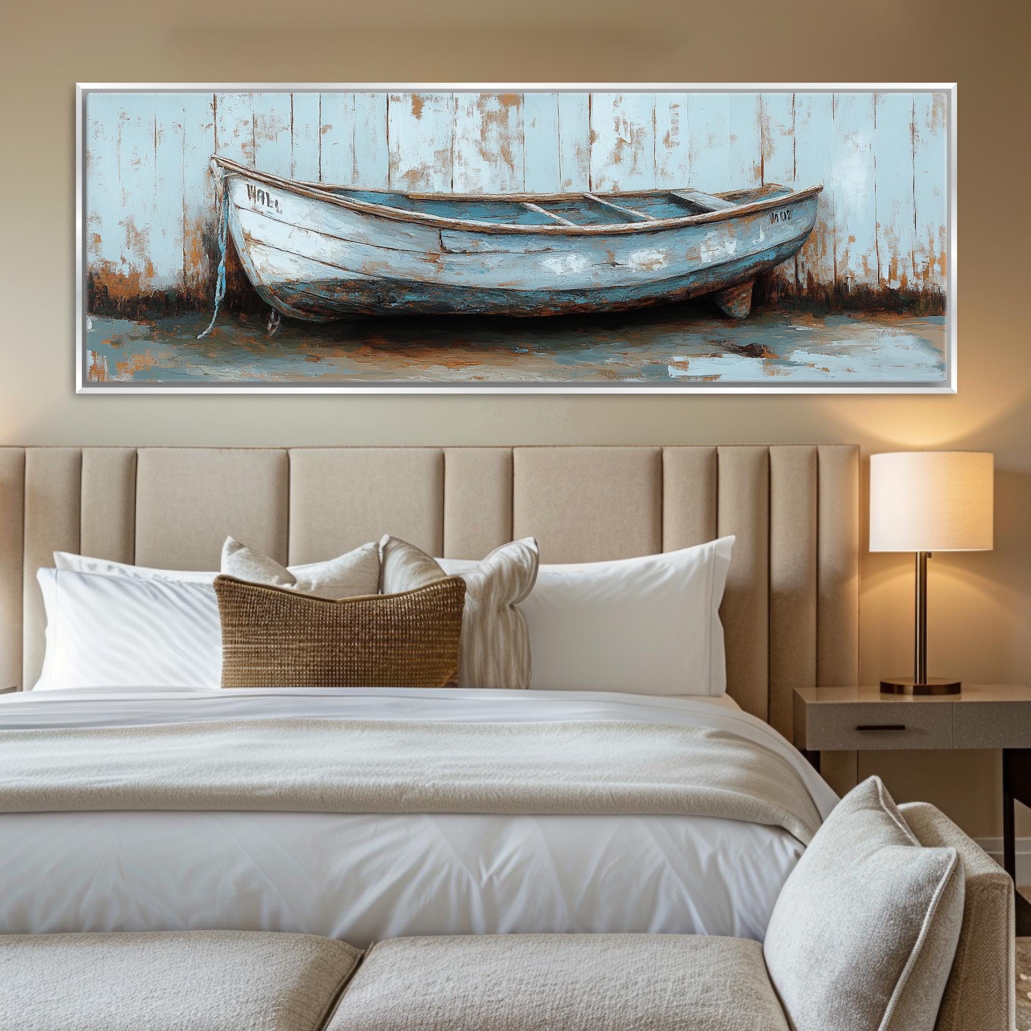 a painting of a boat on a wall above a bed