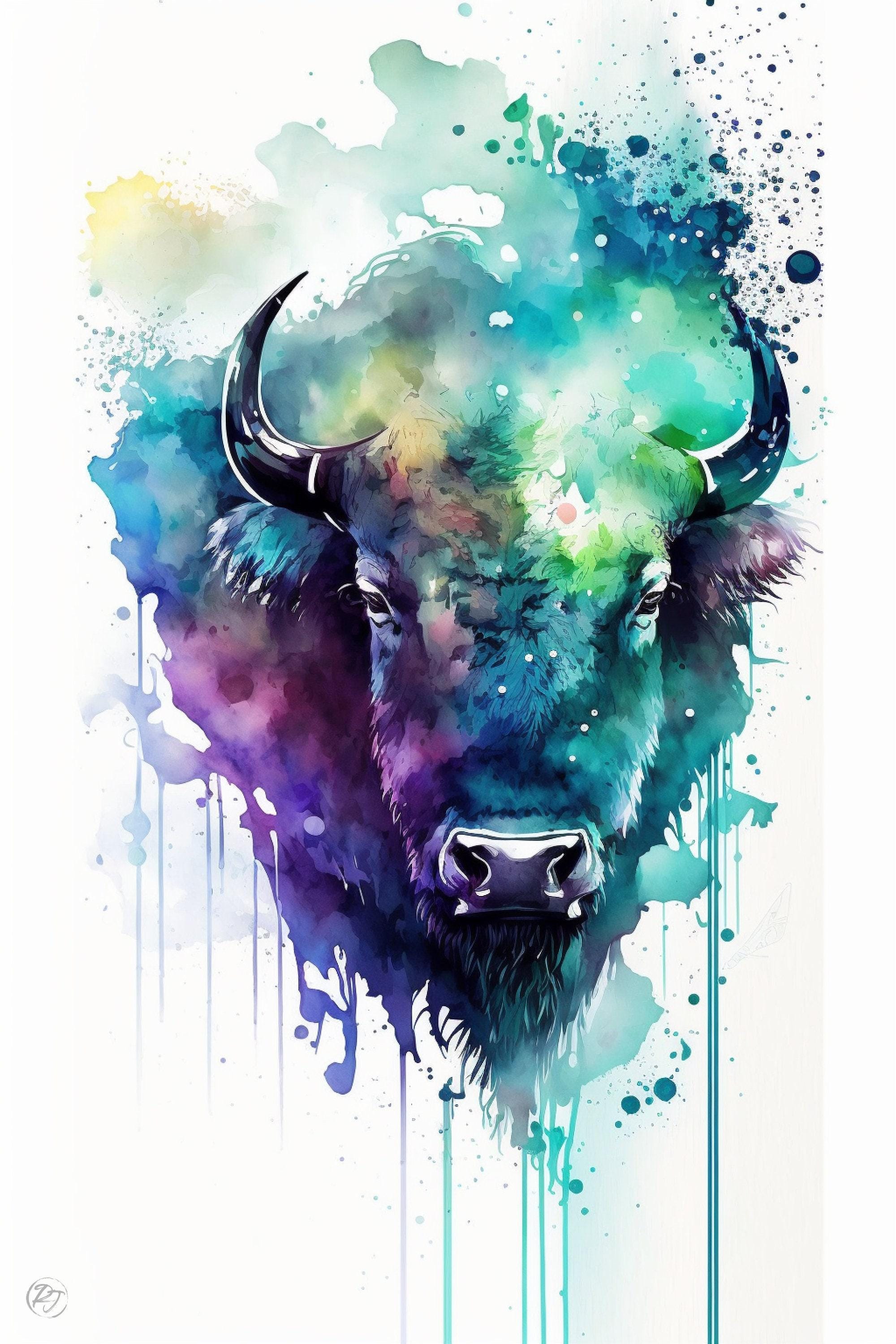 American Bison Portrait: Watercolor Wall Decor Print, Giclee Print on Canvas, Artist Paper, Watercolor Paper, Available in Extra Large Sizes