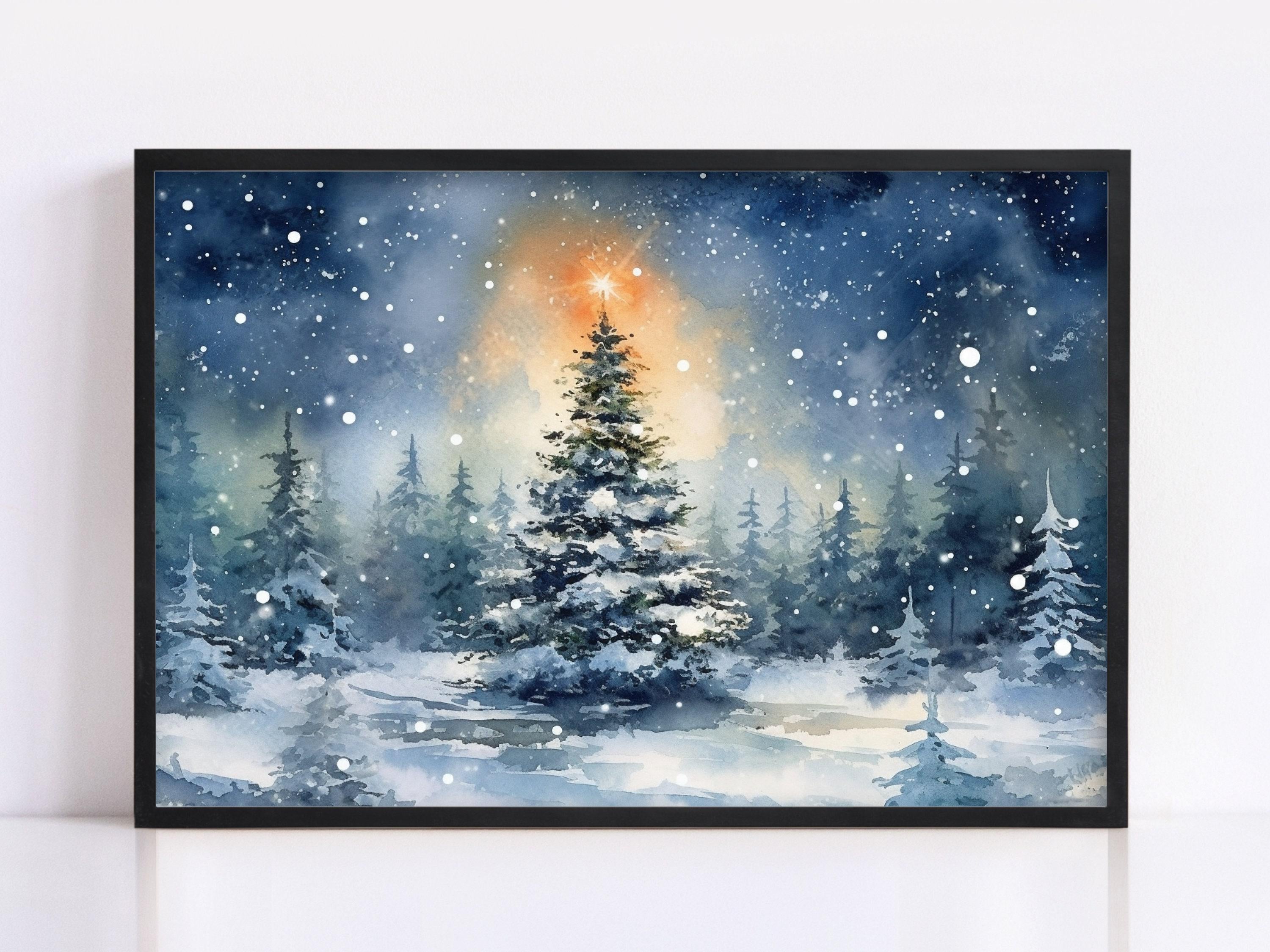 Beautiful Christmas Tree Winter Scene - Watercolor Painting, Print on Canvas, Artist Paper, Watercolor Paper, Available in Extra Large Sizes