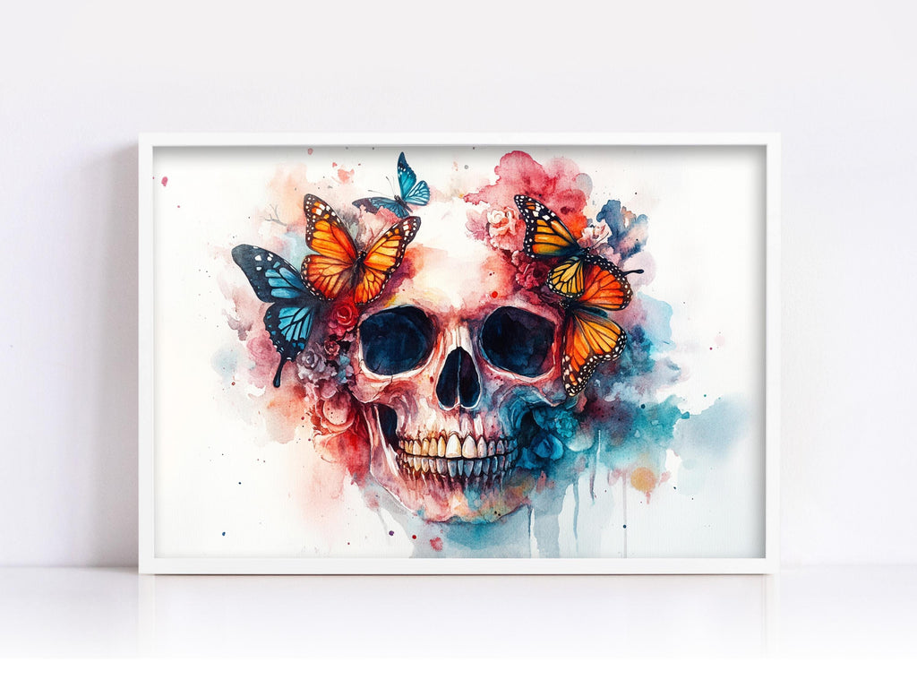 A framed watercolor painting depicting a colorful skull surrounded by butterflies and flowers.