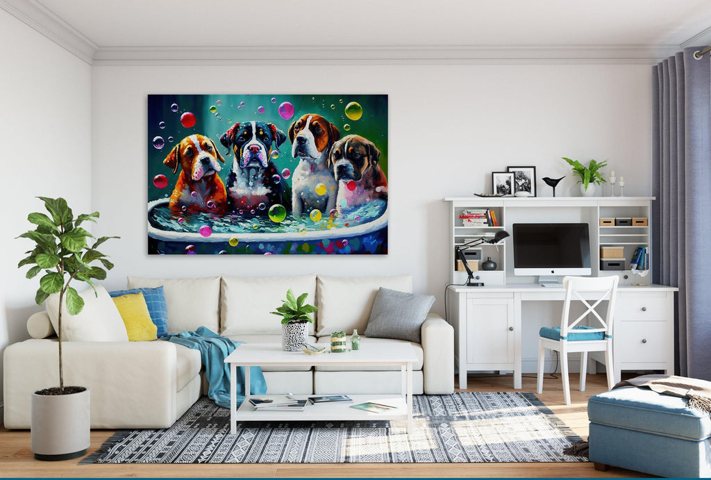 Dog Bath Canvas – Vibrant Colorful Dogs Playing Art on Gallery Ready Canvas