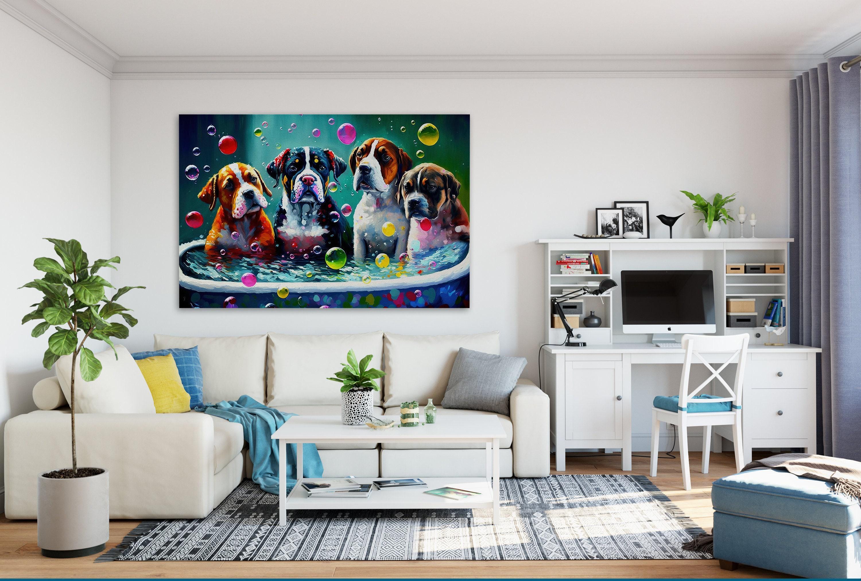 Dog Bath Canvas – Vibrant Colorful Dogs Playing Art on Gallery Ready Canvas