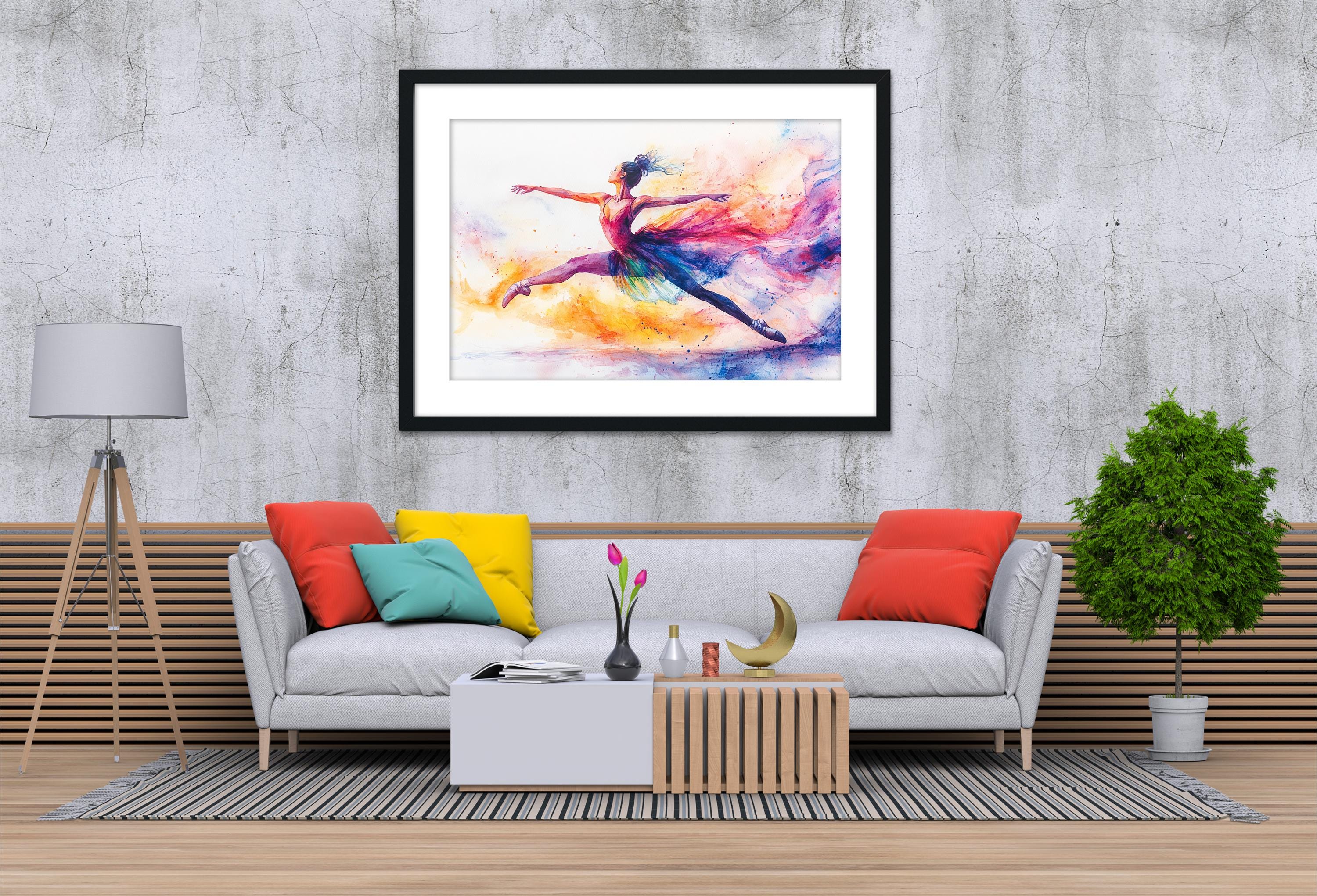 a modern living room with a gray sofa, a wooden coffee table, and a framed painting of a dancing woman on the wall.